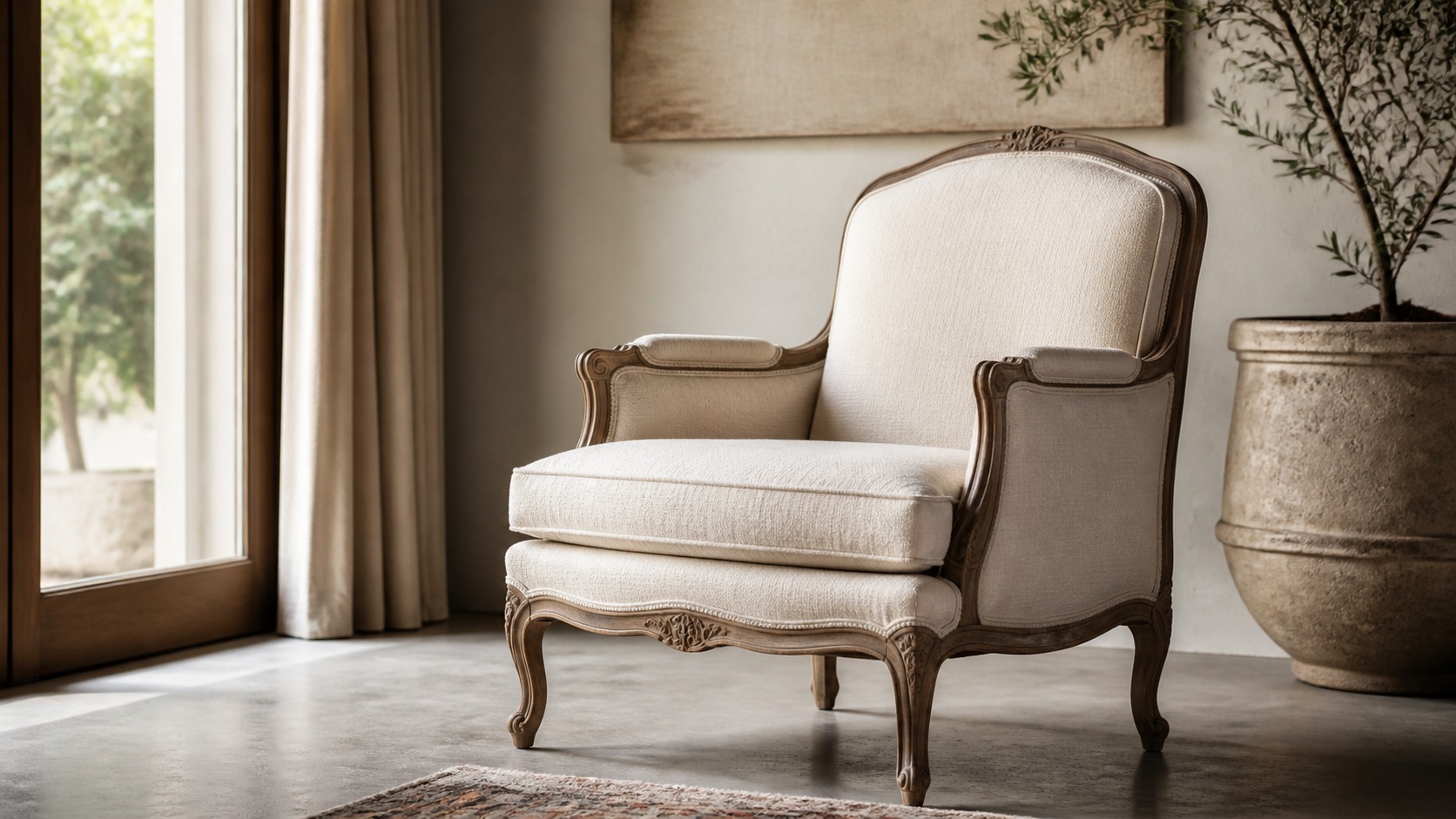 Reupholstered heirloom chair as a focal point Reupholstered vintage armchair in a modern neutral fabric placed as the focal point of a minimal room corner. | Sky Rye Design Reupholstered vintage armchair in a modern neutral fabric placed as the focal point of a minimal room corner.