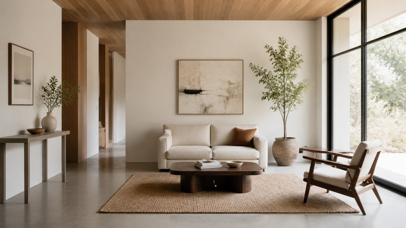 Right-sized small living room furniture Small living room with a compact sofa, slim console, accent chair, and open floor space around each piece. | Sky Rye Design Small living room with a compact sofa, slim console, accent chair, and open floor space around each piece.