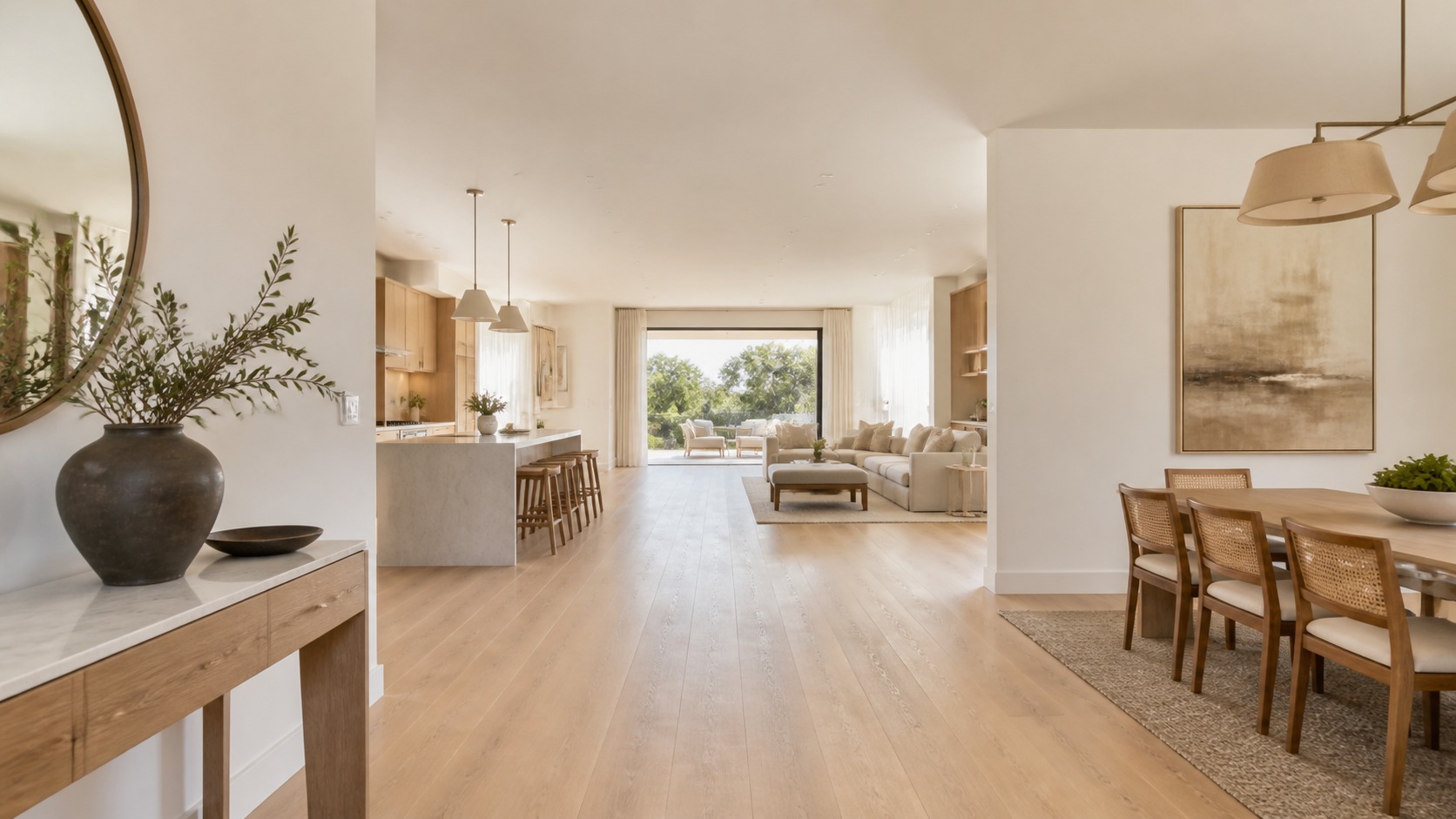 Single-level home with open sightlines Single-level open-plan home with a clear view from the entry through the living area to greenery outside. | Sky Rye Design Single-level open-plan home with a clear view from the entry through the living area to greenery outside.
