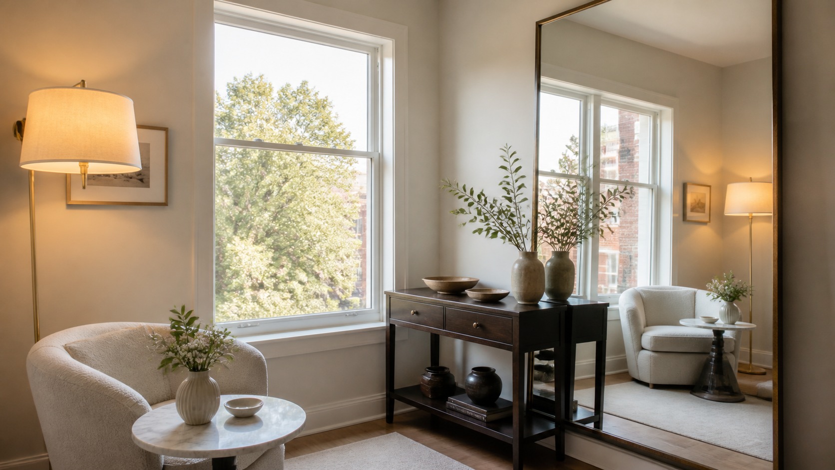 Layered lighting and mirror in a small room Light-filled small room with neutral walls, a warm floor lamp, and a mirror reflecting the window. | Sky Rye Design Light-filled small room with neutral walls, a warm floor lamp, and a mirror reflecting the window.