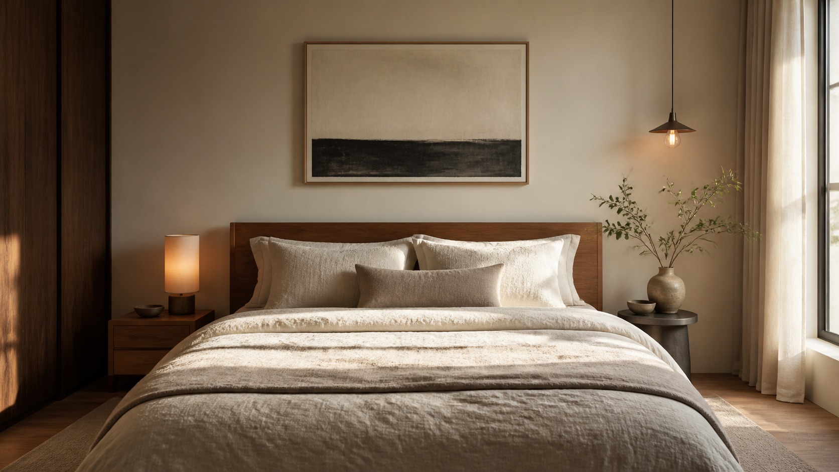 Warm minimalist small bedroom Minimalist bedroom with soft linen bedding, one piece of wall art, a small plant, and warm layered lighting. | Sky Rye Design Minimalist bedroom with soft linen bedding, one piece of wall art, a small plant, and warm layered lighting.