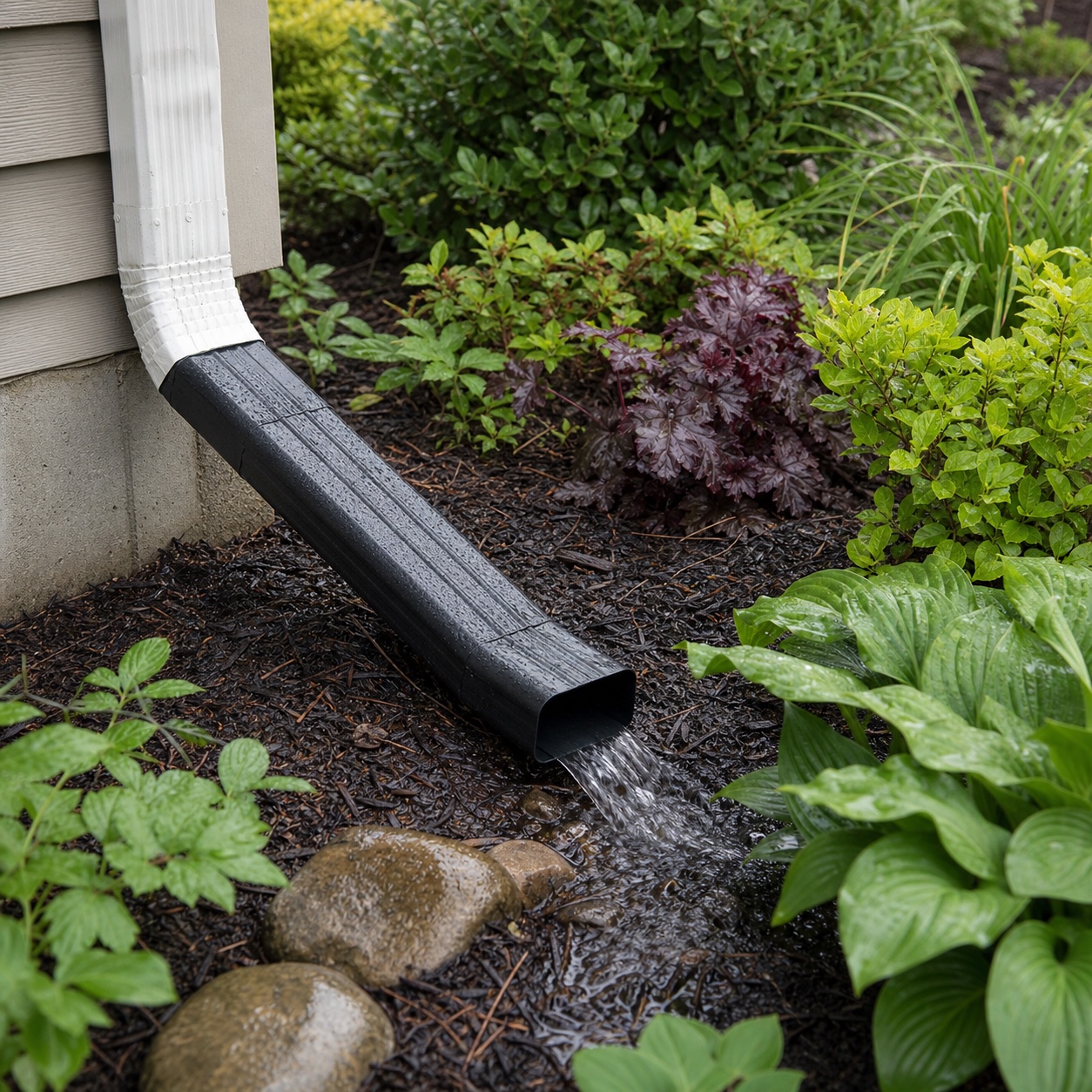 A downspout extension carrying roof runoff away from a foundation into a planted area.
