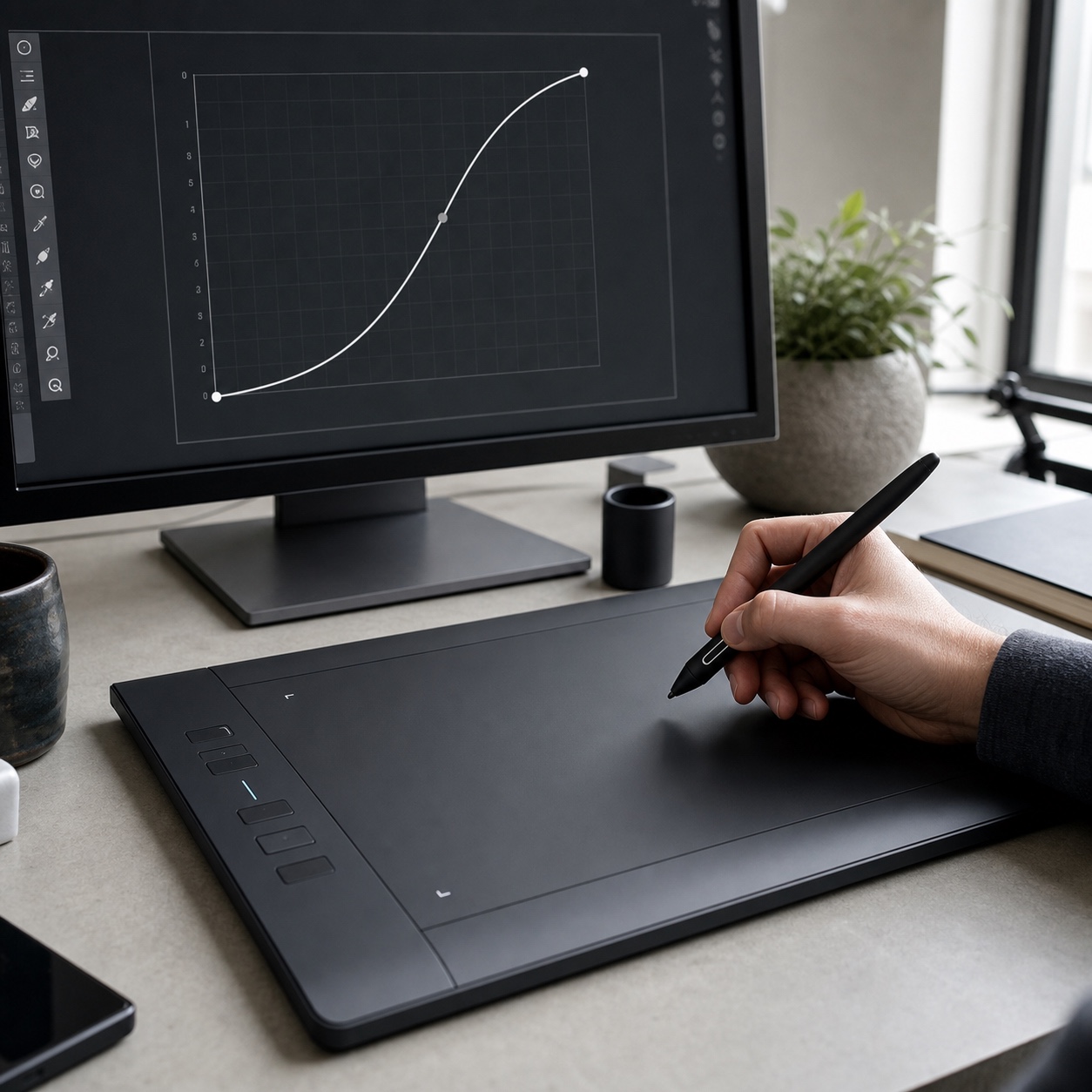 Drawing tablet being tested beside a monitor with a stylus pressure curve interface