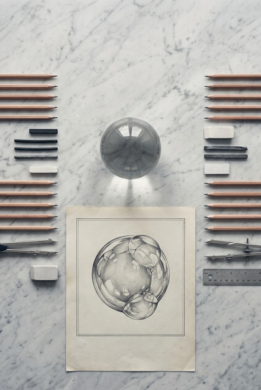 Editorial flat lay of drawing tools, a glass sphere, and a finished bubble study on a marble studio surface.
