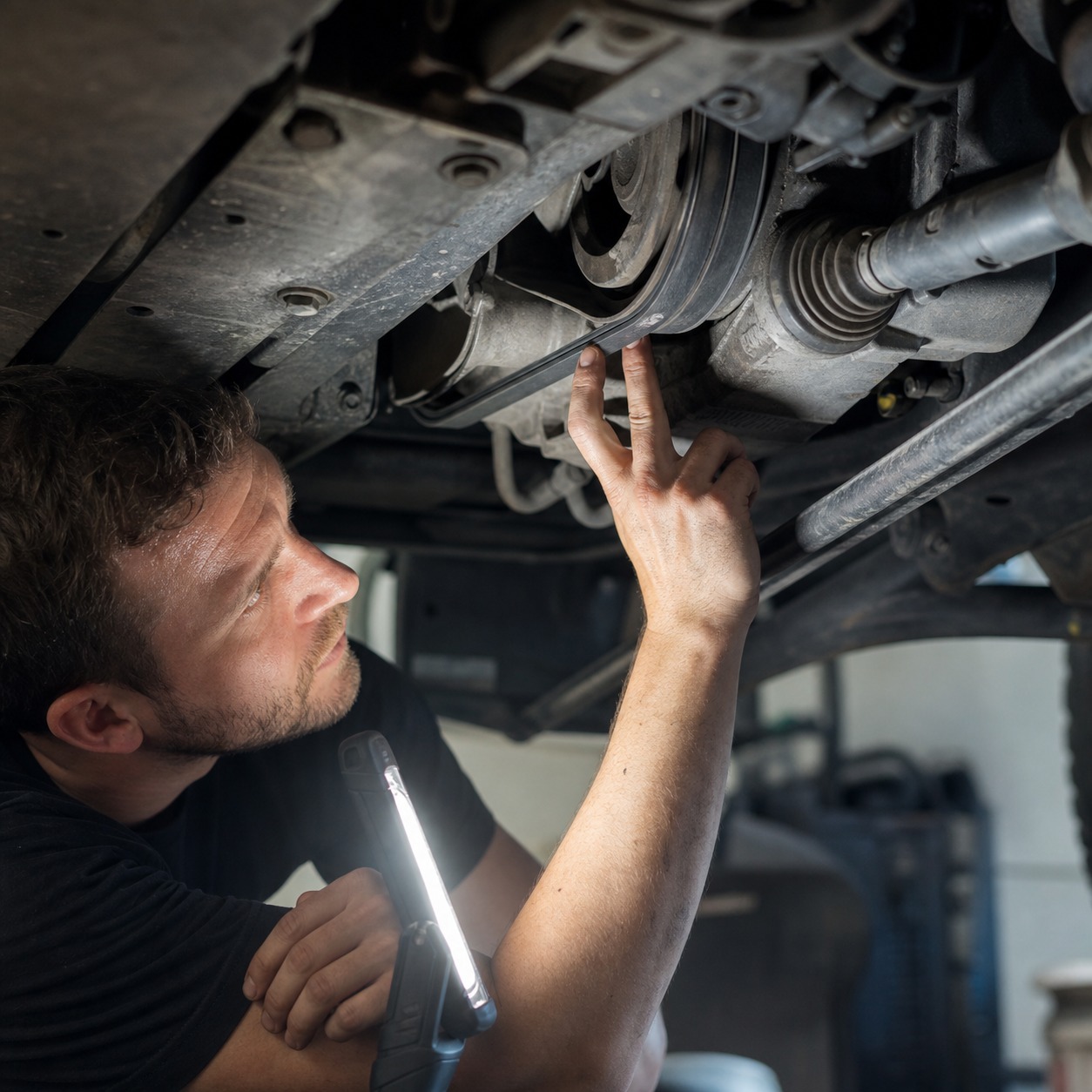 Person checking a car component with a bright work light under the vehicle.