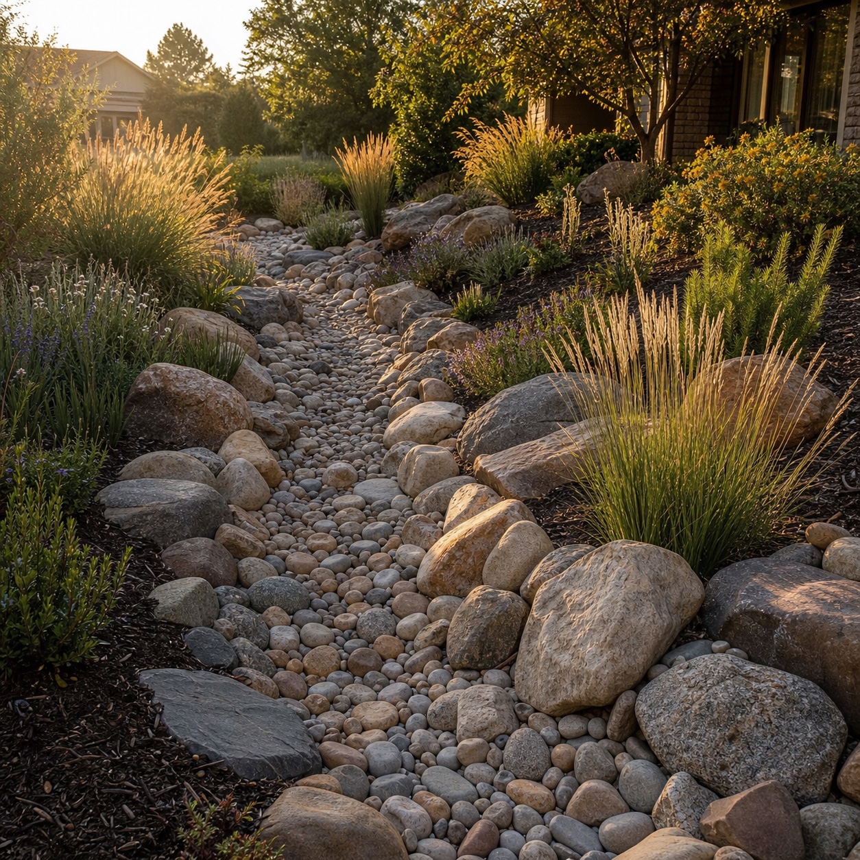 A curving dry creek bed with mixed stones and grasses in a landscaped garden.