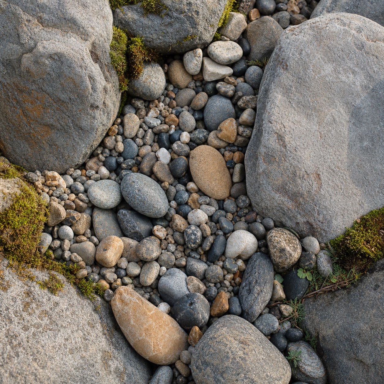 Mixed river stones settled between larger rocks in a dry creek bed.