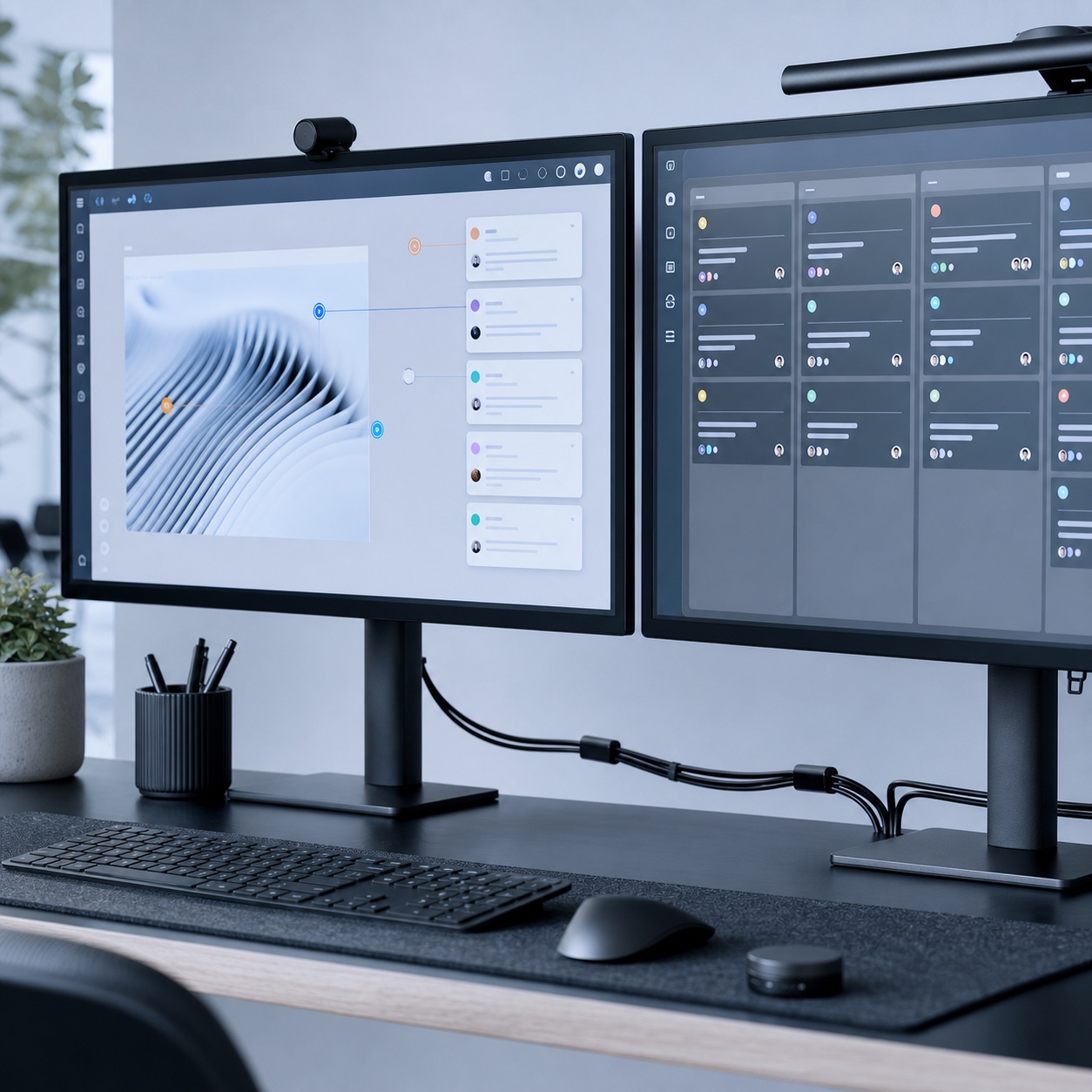Two studio monitors showing a design review tool and connected project board side by side.