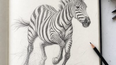 Dynamic sketchbook study of a zebra in motion with stripes wrapping around the twisting torso and legs.
