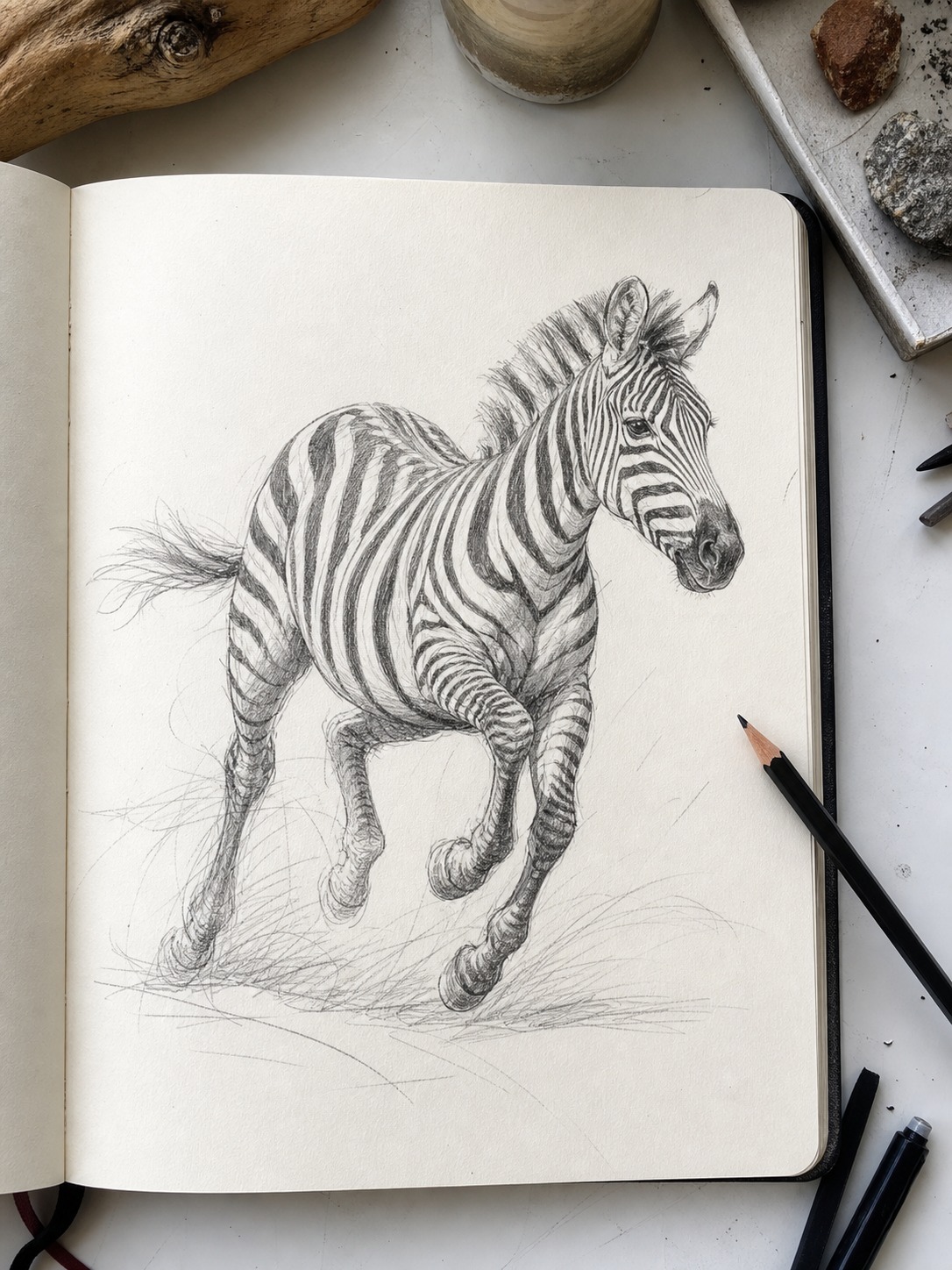 Dynamic sketchbook study of a zebra in motion with stripes wrapping around the twisting torso and legs.
