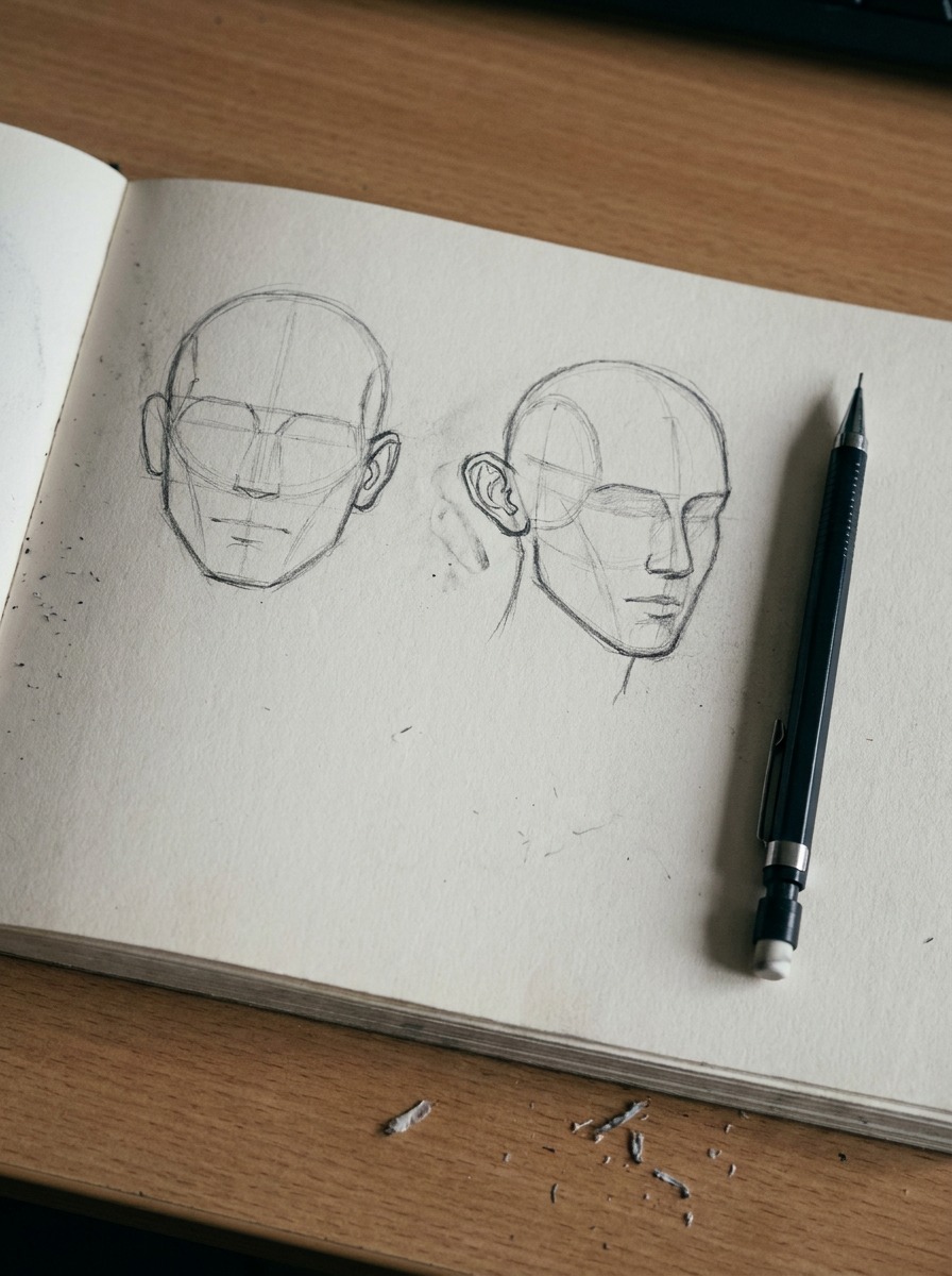 Ear Angle Straight vs Turned Head Sketchbook comparison of a correctly attached ear and an ear placed at the wrong angle on a turned head. | Sky Rye Design Sketchbook comparison of a correctly attached ear and an ear placed at the wrong angle on a turned head.