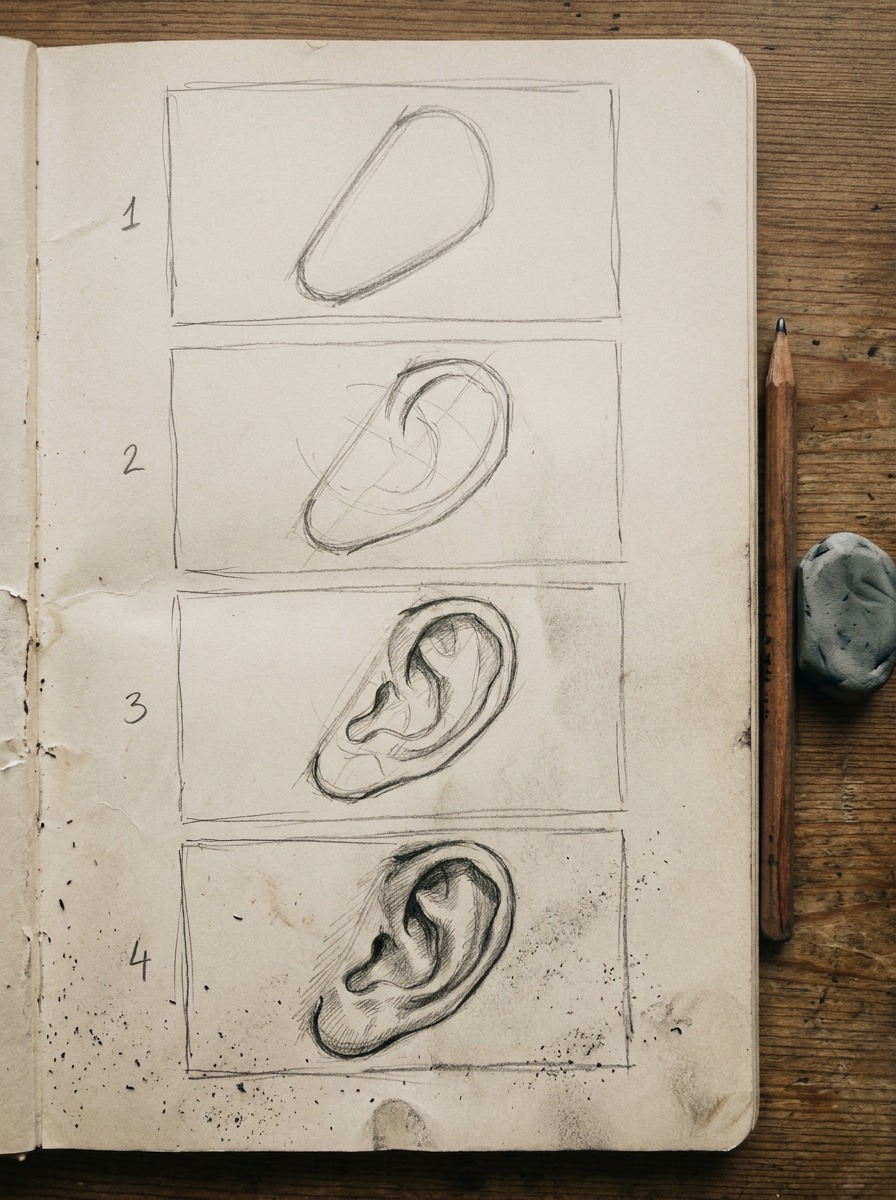 Ear Construction Four Step Sequence Four pencil panels showing the wedge, helix, inner ear forms, and final shaded ear drawing. | Sky Rye Design Four pencil panels showing the wedge, helix, inner ear forms, and final shaded ear drawing.