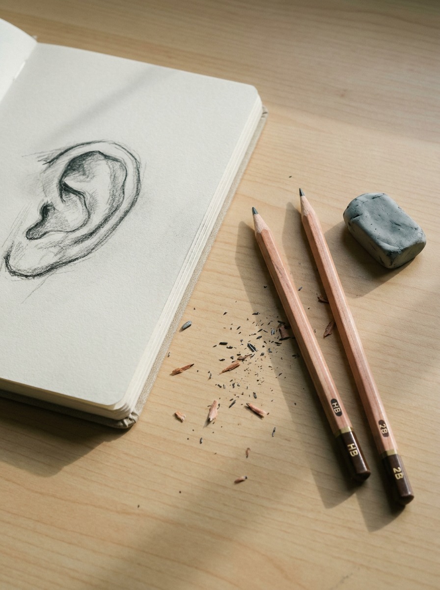 Ear Drawing Materials Flat Lay Graphite pencils, kneaded eraser, and an open sketchbook with a partially finished ear drawing. | Sky Rye Design Graphite pencils, kneaded eraser, and an open sketchbook with a partially finished ear drawing.