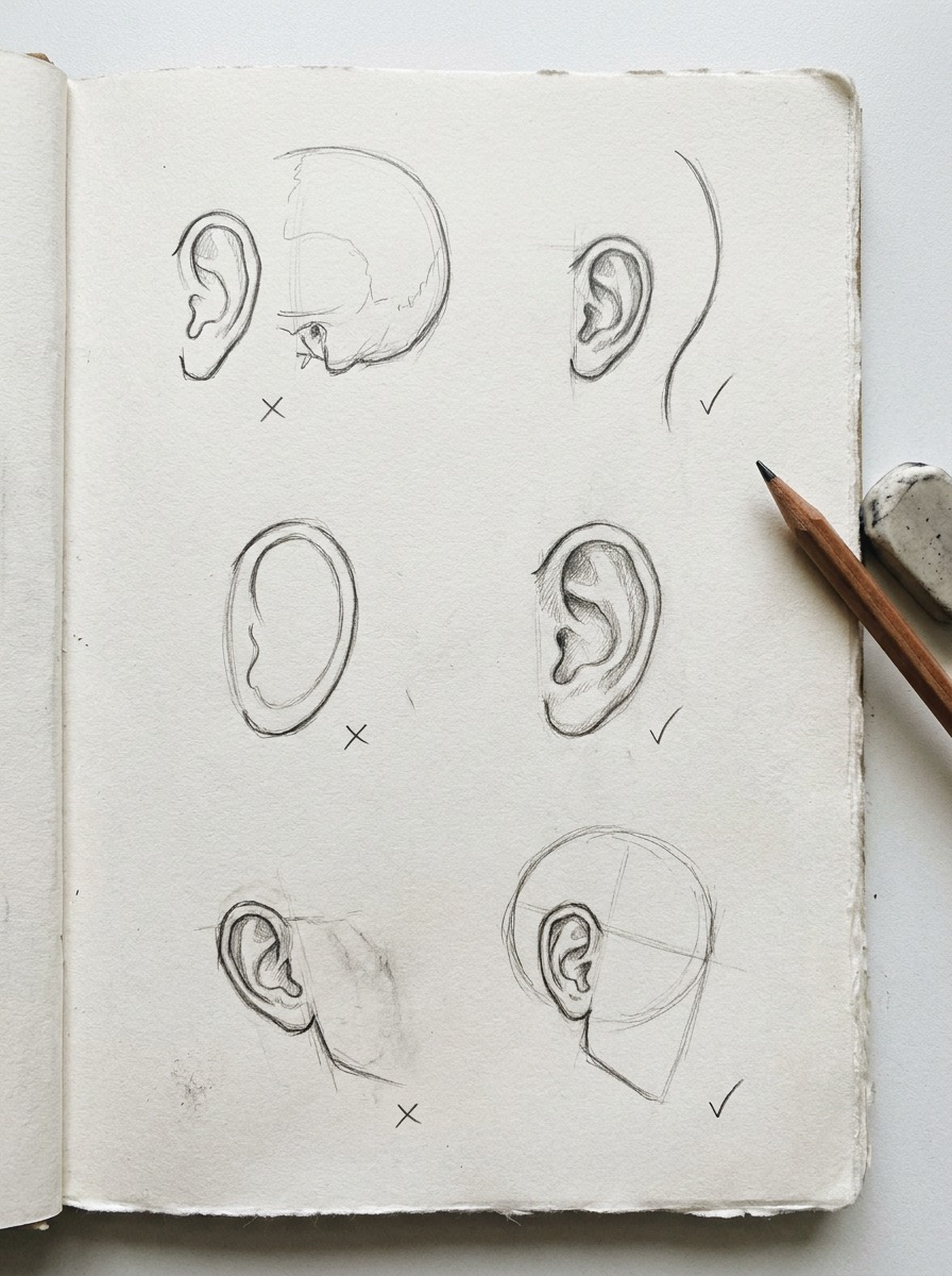 Ear Drawing Mistakes and Fixes Panel Paired sketches showing common ear drawing mistakes beside corrected versions. | Sky Rye Design Paired sketches showing common ear drawing mistakes beside corrected versions.