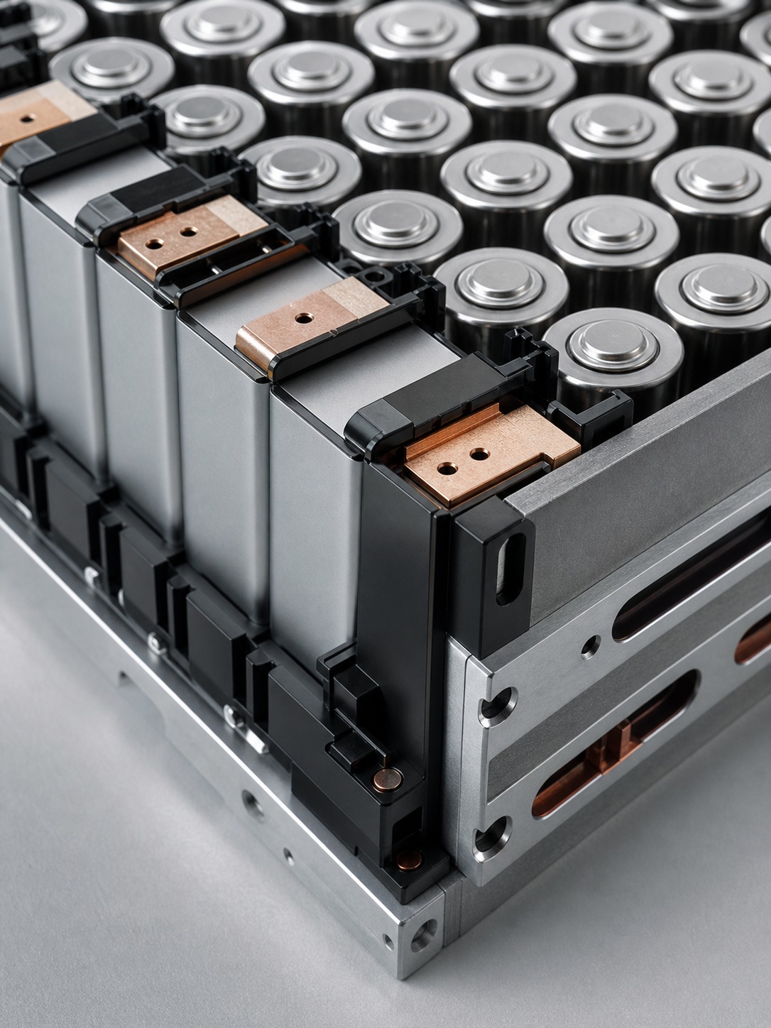 Close-up of battery cells arranged in a precise EV module under studio lighting.