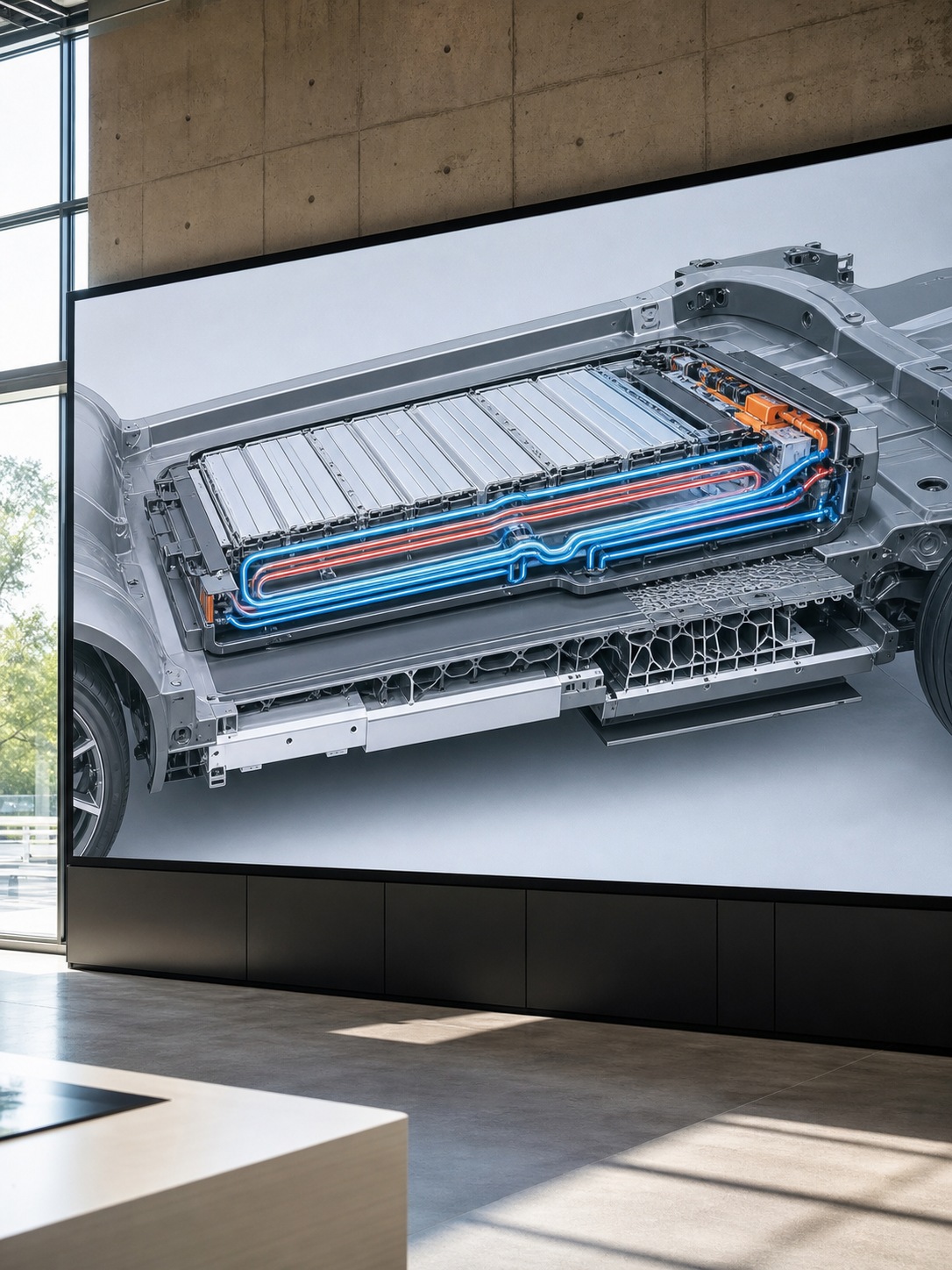 Studio display showing an EV battery pack cutaway with cooling channels in the floor.