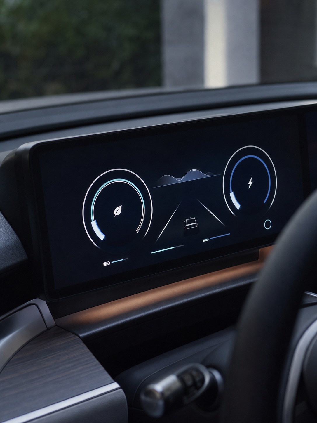Close-up of a modern EV dashboard display surrounded by minimalist interior trim.