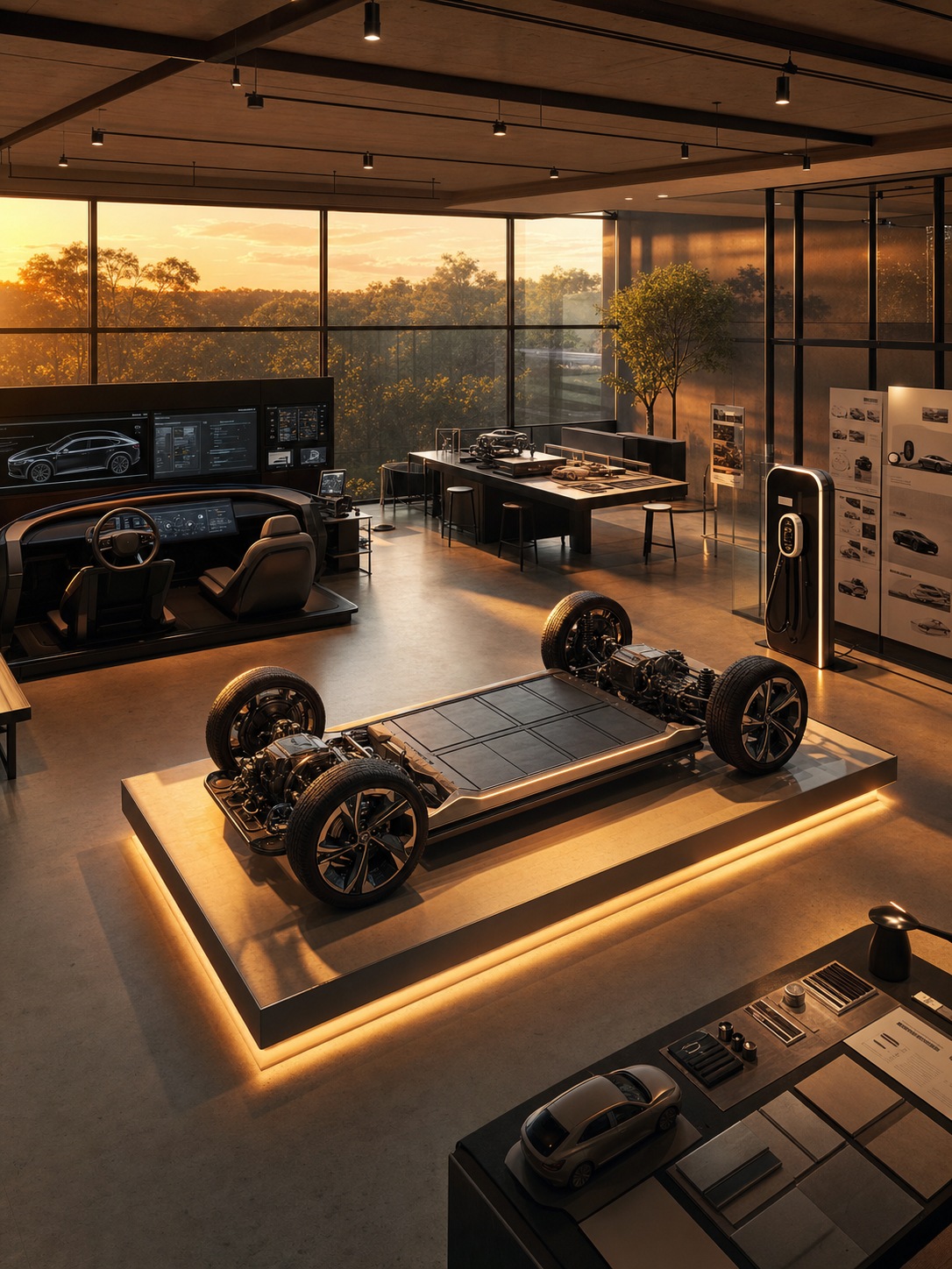 Golden-hour automotive design studio with an EV platform model, cockpit mockup, and charging station concept.
