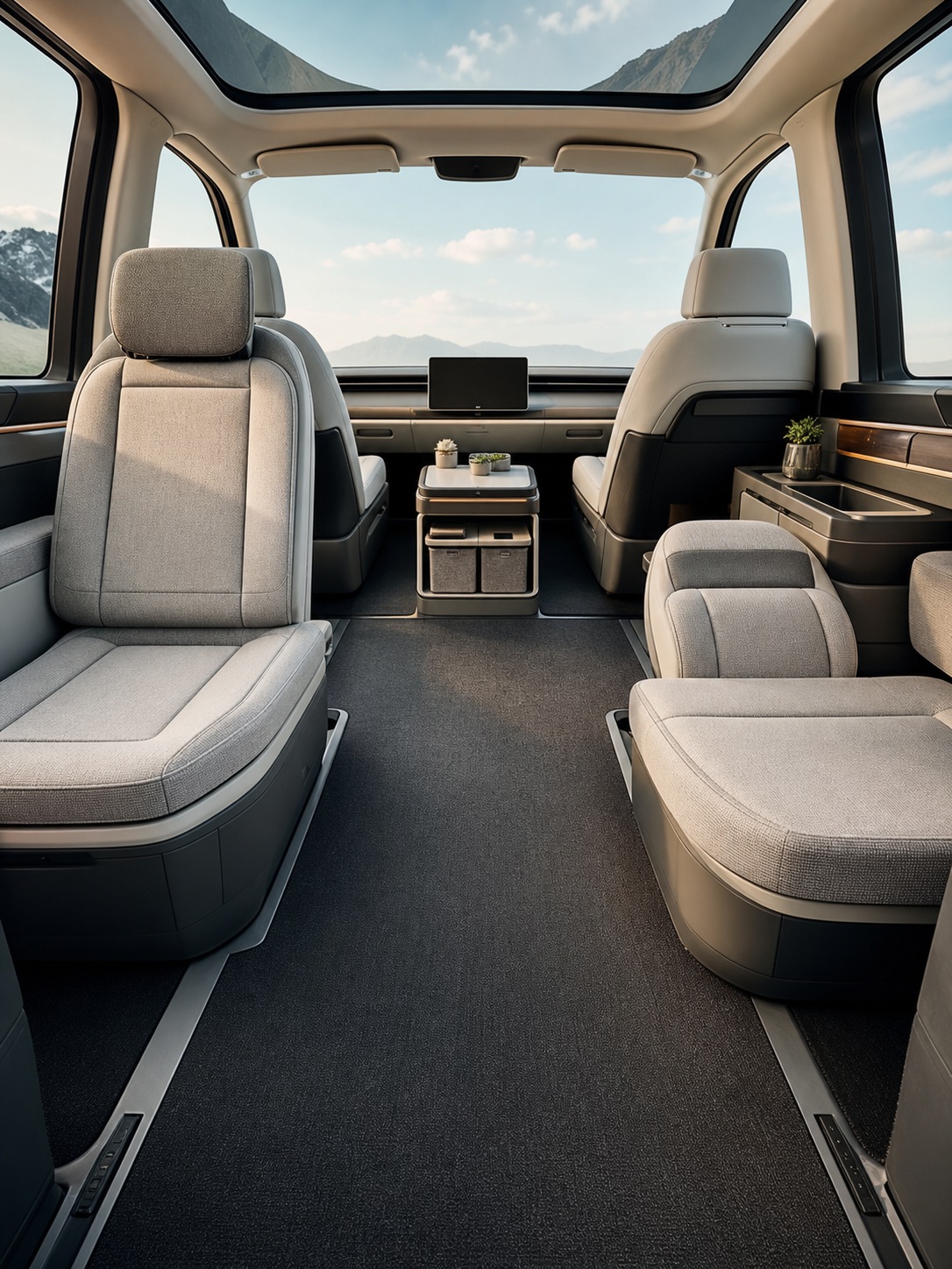 Modern EV interior mockup with a flat cabin floor and flexible seating layout.