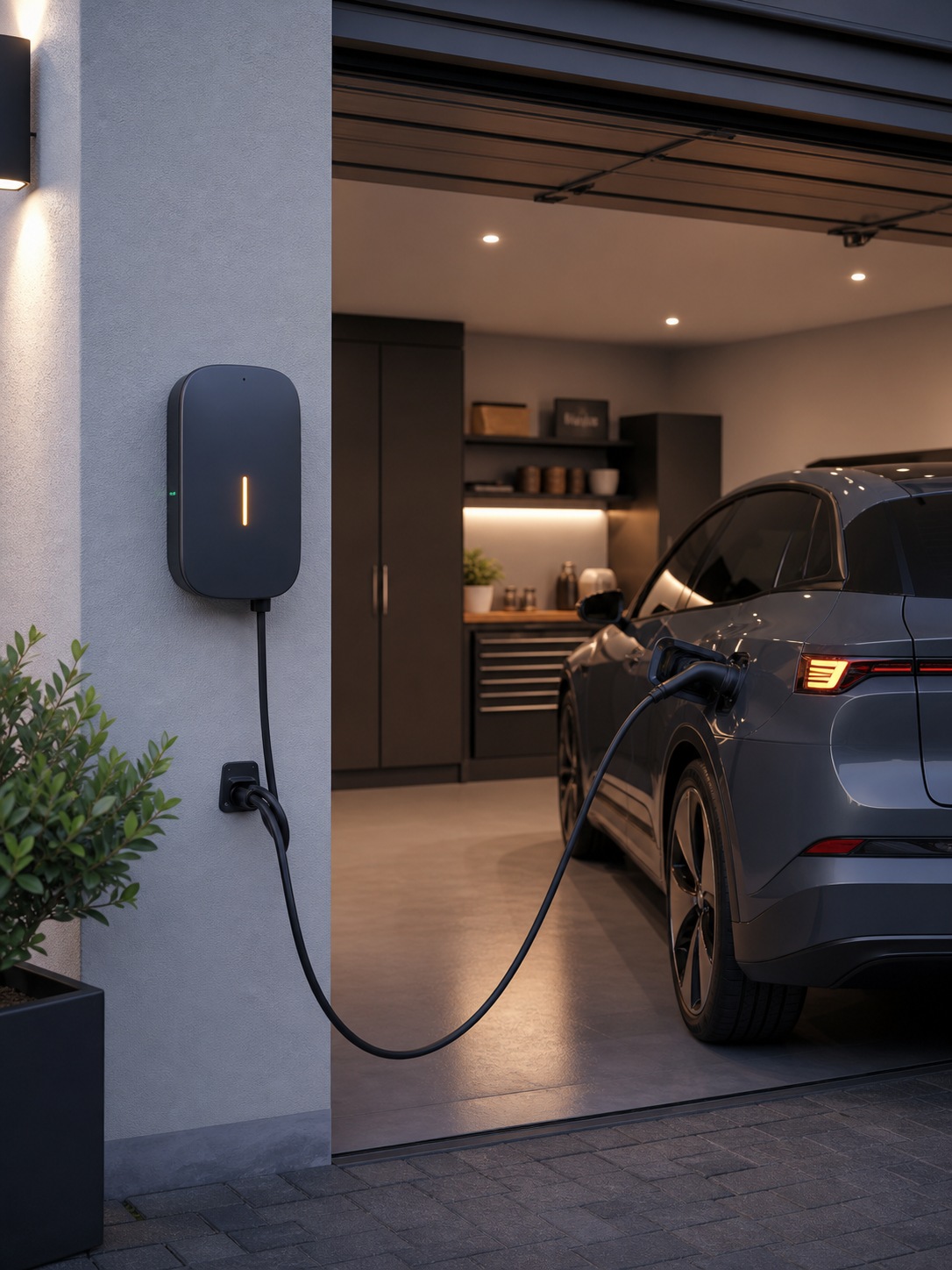 Modern home garage with a wall-mounted EV charger and clean cable management.