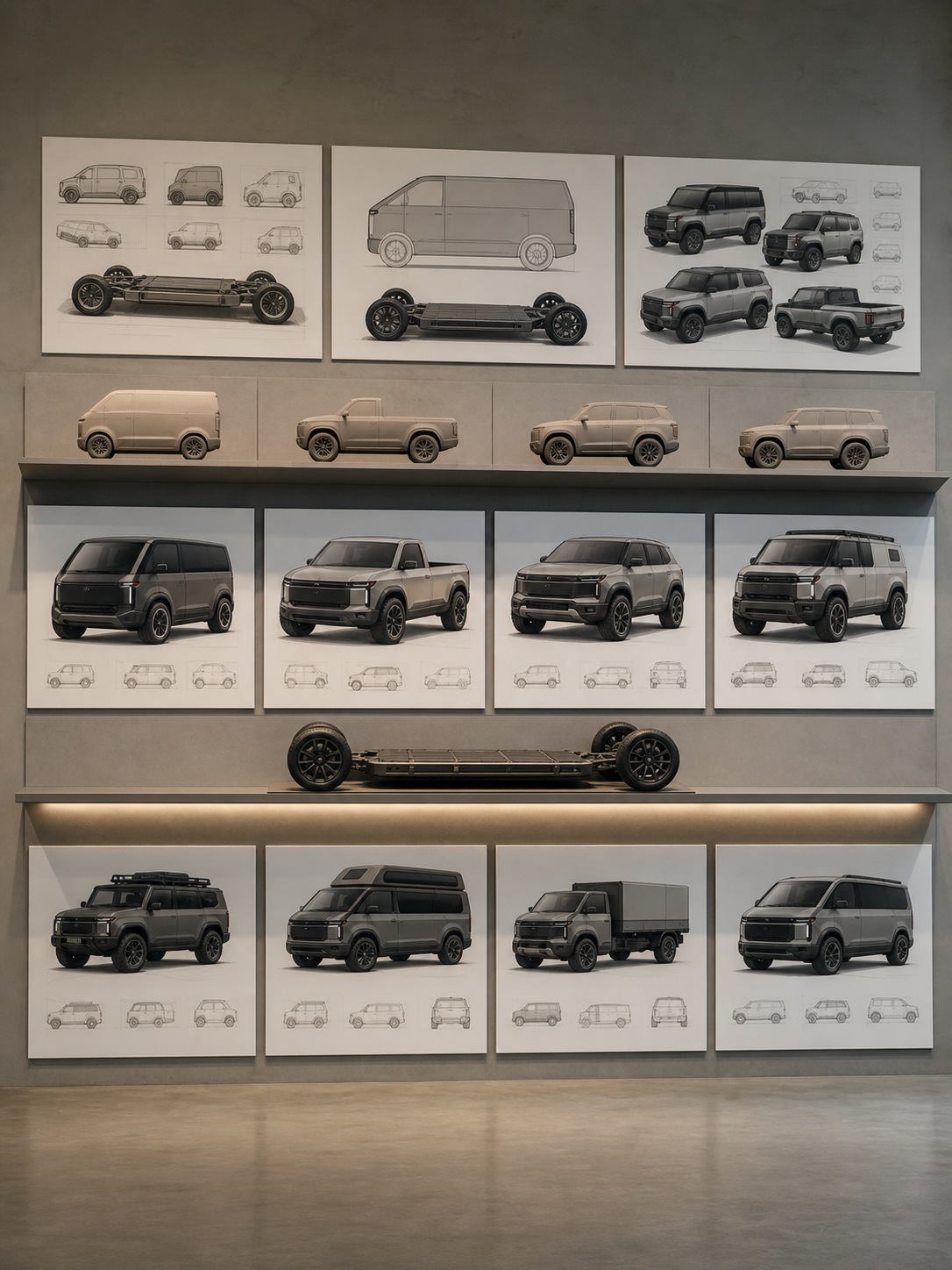 Design studio wall with sketches and models of several EV variants sharing one platform.