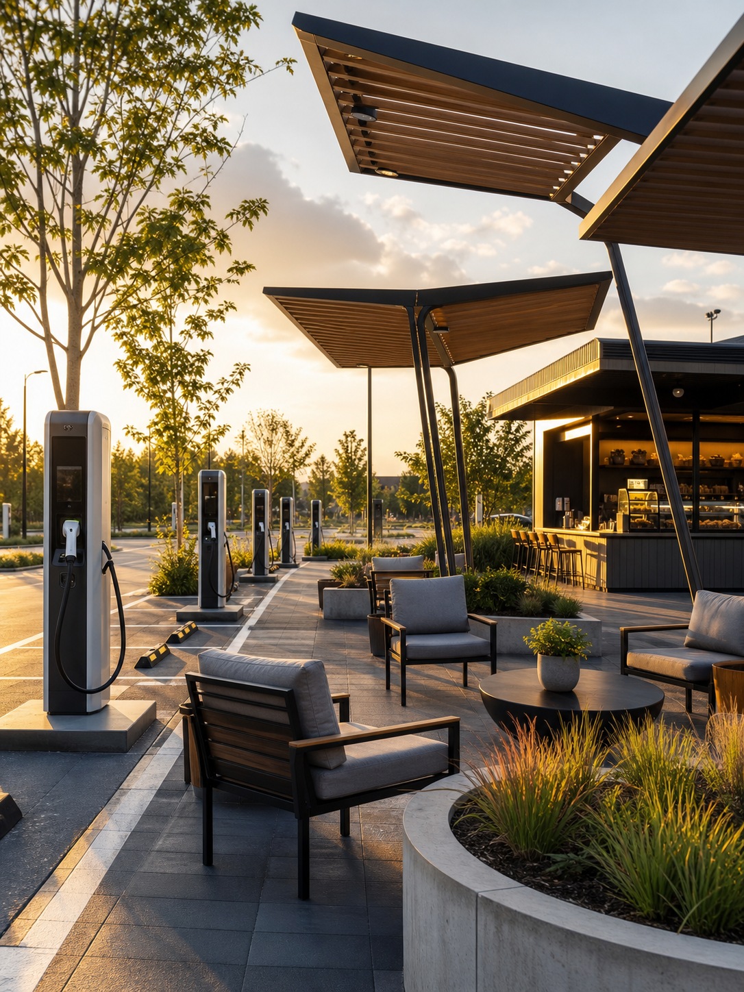 Public EV charging plaza designed with seating, shade, and a small cafe kiosk.