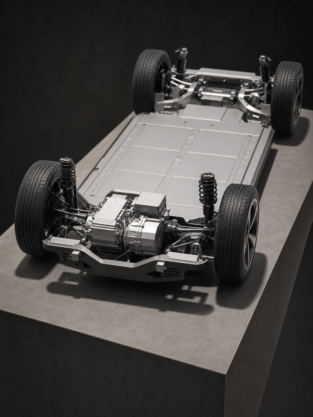 Close-up of a skateboard EV platform model showing the battery floor and drivetrain.