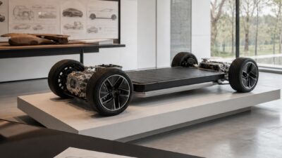 Modern automotive design studio with a skateboard EV platform model and car sketches.