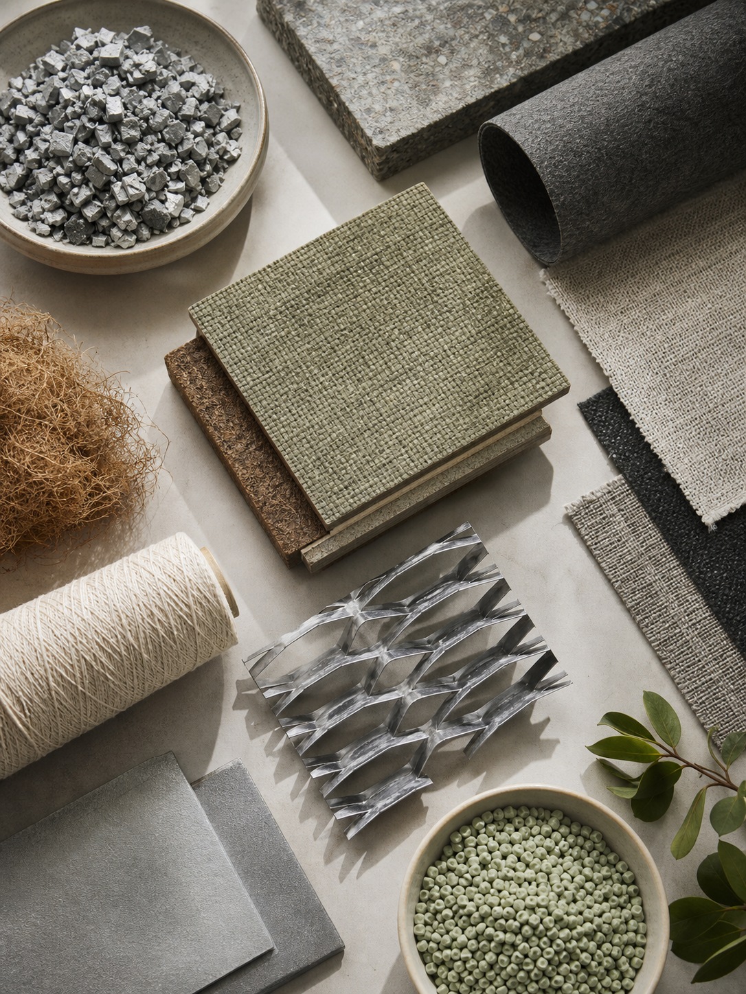 Recycled aluminum, natural fiber composites, and low-impact textiles arranged for EV material review.