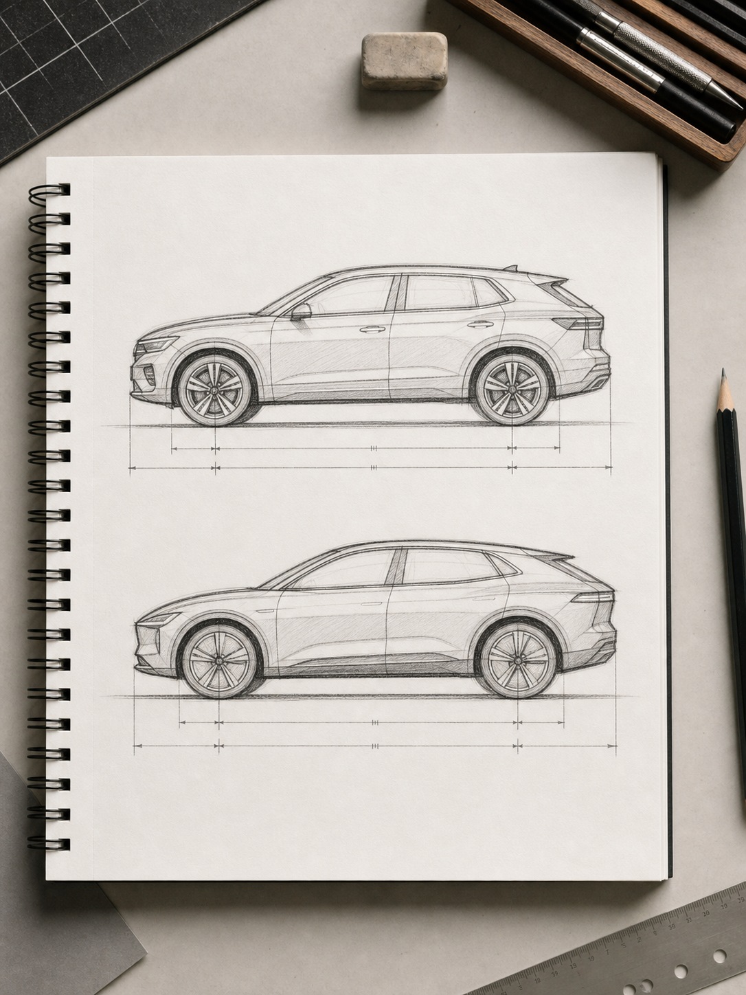 Sketchbook comparison of combustion and EV side profiles with wheelbase measurement lines.