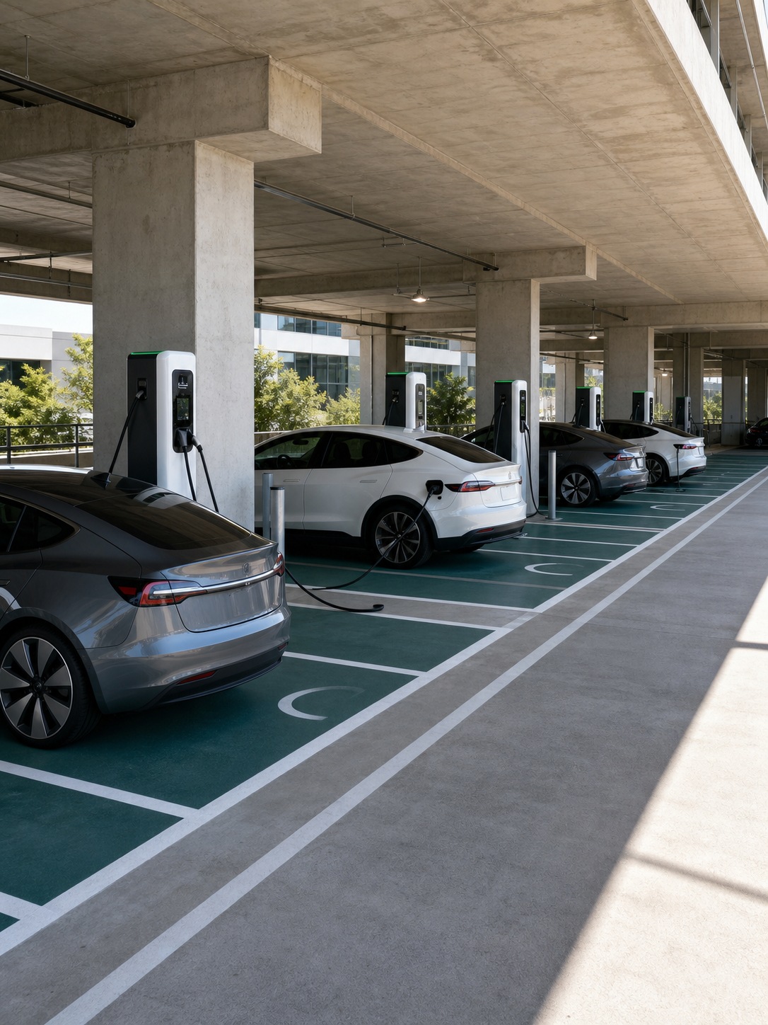 Office parking structure with organized EV charging bays and several cars charging.