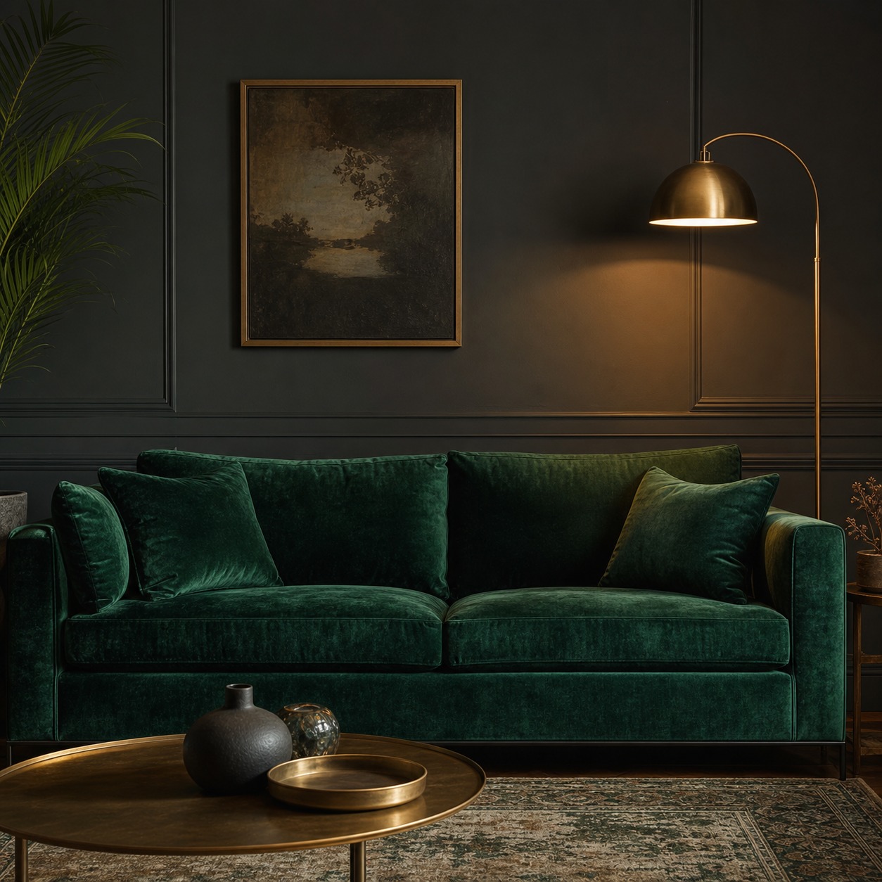 Emerald velvet sofa in a moody layered living room Deep emerald velvet sofa in a moody living room | Sky Rye Design Deep emerald velvet sofa in a moody living room