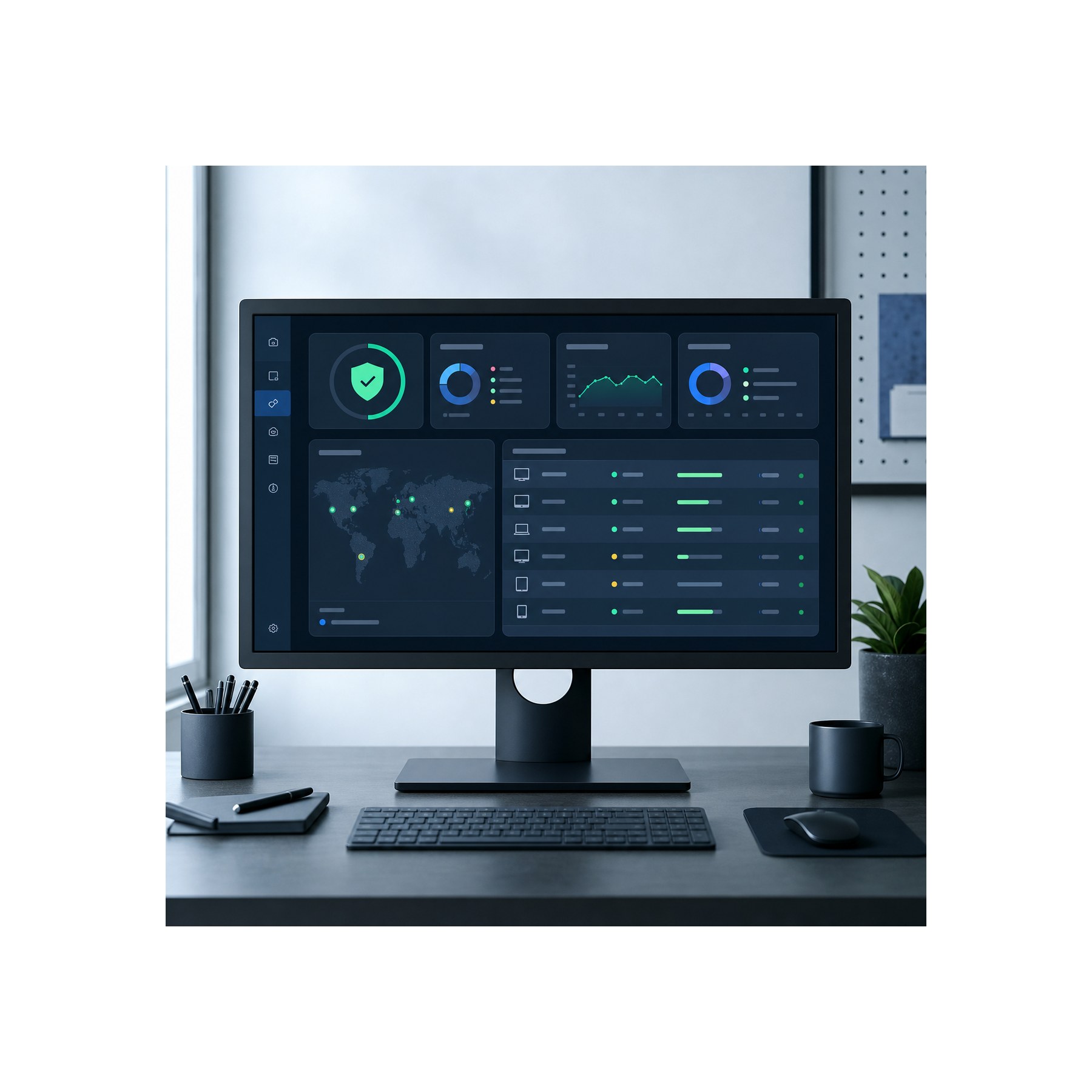 Endpoint protection dashboard for a design team Studio monitor with endpoint protection status cards for a distributed design team | Sky Rye Design Studio monitor with endpoint protection status cards for a distributed design team