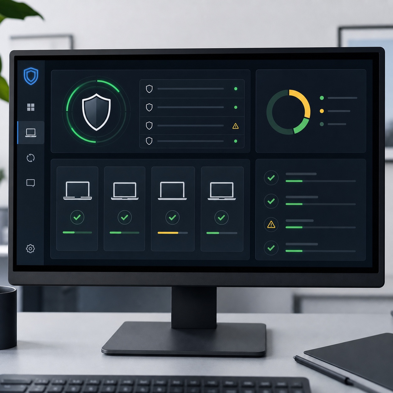 Endpoint protection and recovery dashboard Studio monitor showing an abstract endpoint protection and recovery dashboard. | Sky Rye Design Studio monitor showing an abstract endpoint protection and recovery dashboard.