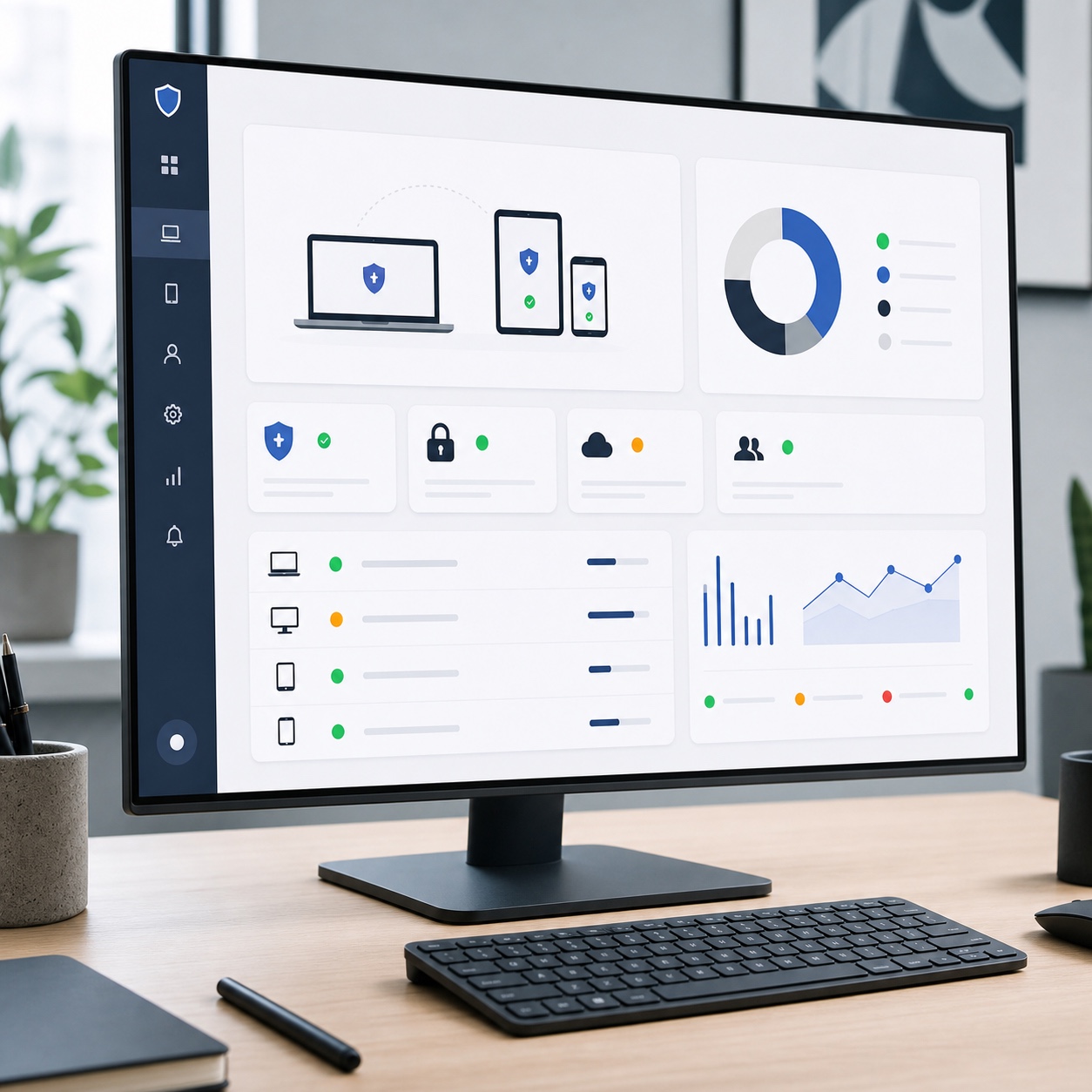 Endpoint protection status in a design studio A design studio desk with a monitor showing endpoint protection and device policy status. | Sky Rye Design A design studio desk with a monitor showing endpoint protection and device policy status.