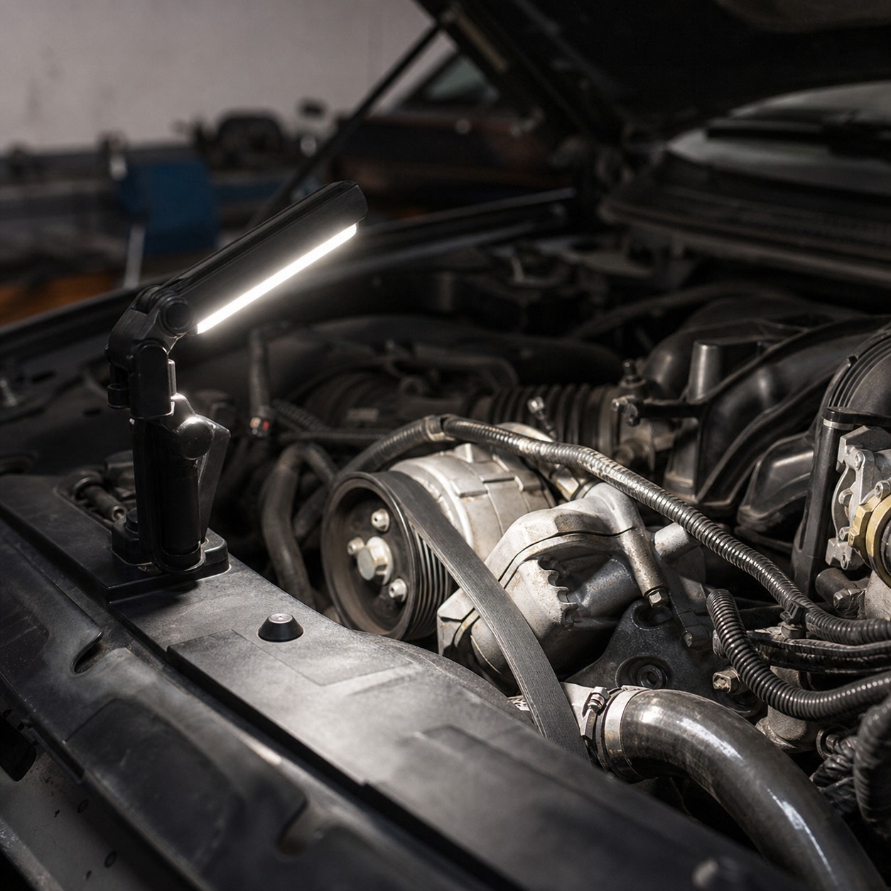 Adjustable task light illuminating belts and hoses inside an open engine bay.