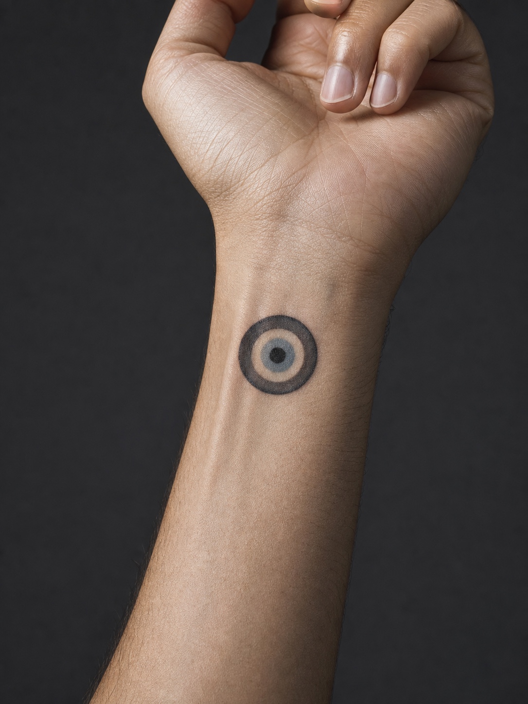 Evil eye mati wrist tattoo Small evil eye mati tattoo on the wrist with layered concentric-circle shading. | Sky Rye Design Small evil eye mati tattoo on the wrist with layered concentric-circle shading.