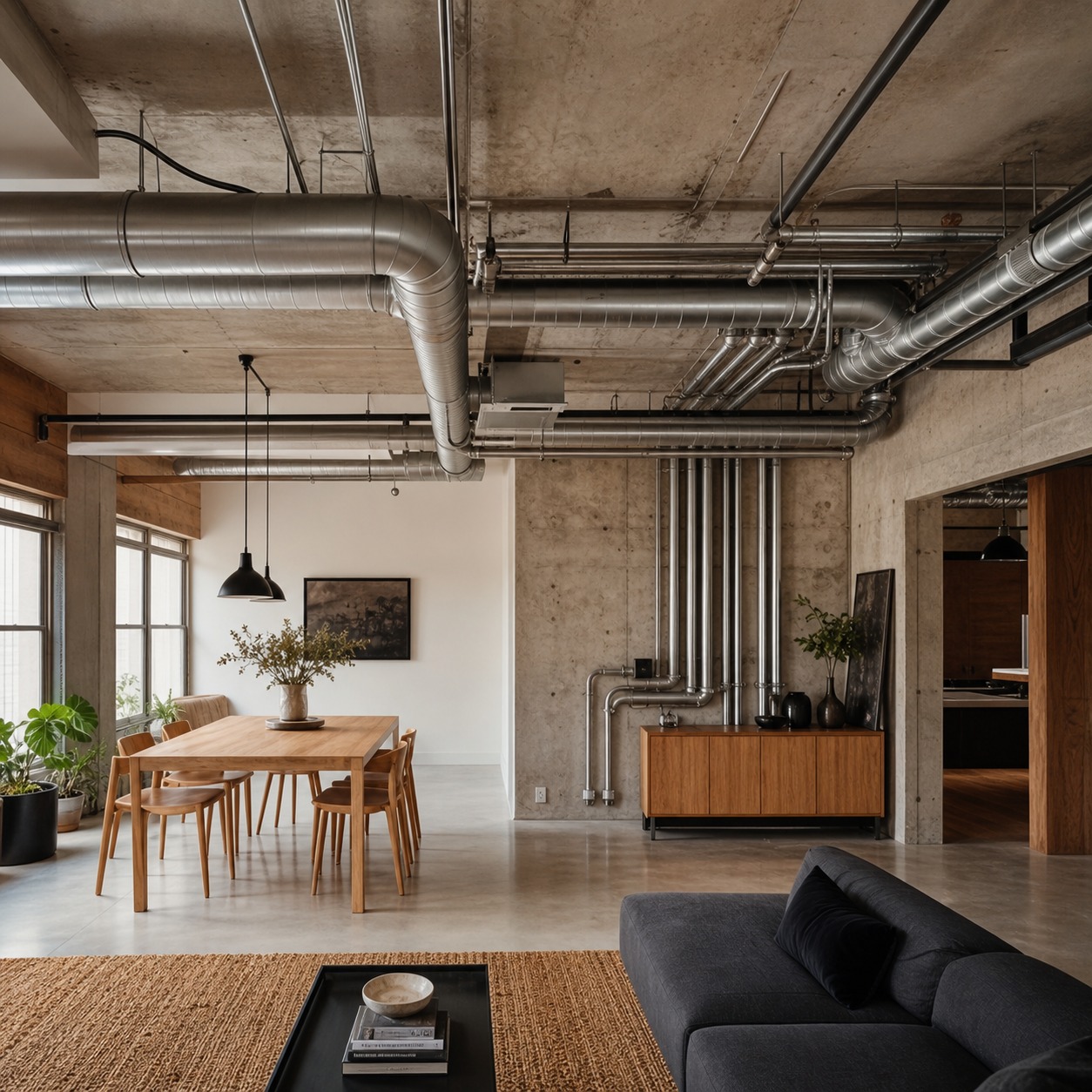 Exposed industrial piping integrated into an interior space Exposed industrial piping integrated into an interior space | Sky Rye Design Exposed industrial piping integrated into an interior space