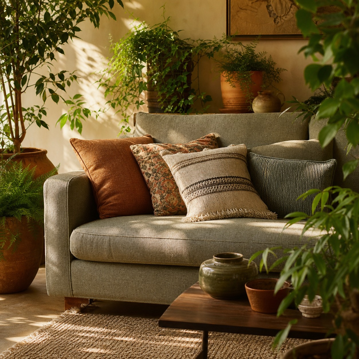 Fabric sofa in a plant-filled living room corner Fabric sofa with layered cushions and surrounding plants | Sky Rye Design Fabric sofa with layered cushions and surrounding plants