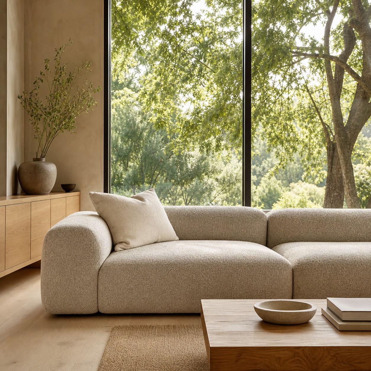 Warm oatmeal boucle fabric sofa in a modern living room Warm oatmeal boucle sofa in a modern living room with daylight through tall windows | Sky Rye Design Warm oatmeal boucle sofa in a modern living room with daylight through tall windows