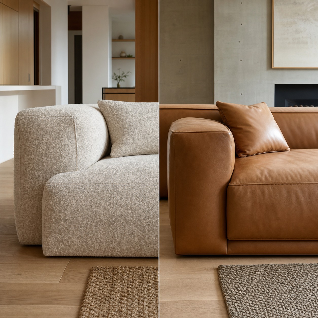 Fabric and leather sofa side-by-side material comparison Side-by-side comparison of fabric and leather sofa corners | Sky Rye Design Side-by-side comparison of fabric and leather sofa corners