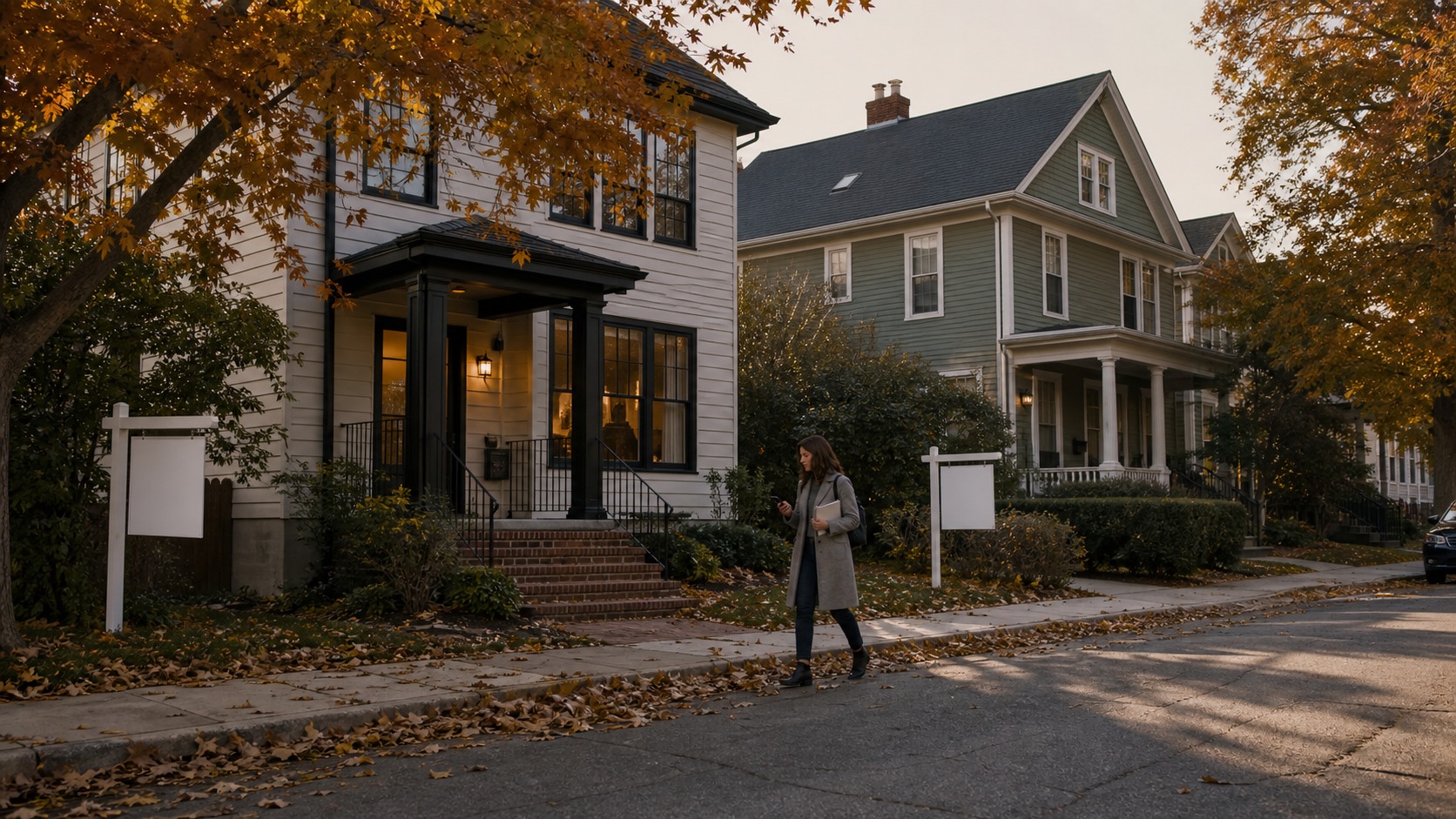 Quiet fall neighborhood with homes for sale showing seasonal inventory for buyers timing a house purchase.
