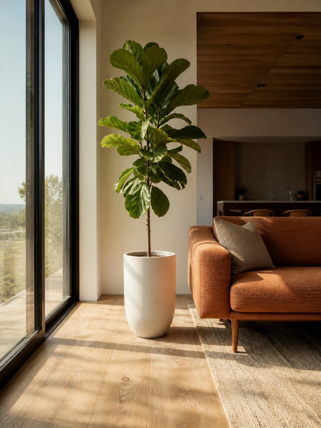 Fiddle leaf fig in a mid-century living room Tall fiddle-leaf fig in a white pot beside a glass wall, in a sunlit modern living room with an orange sofa. | Sky Rye Design Tall fiddle leaf fig in a matte white planter beside a low mid-century sofa and large window.