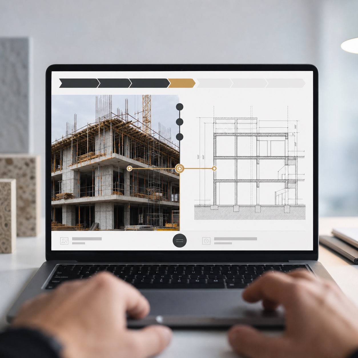 Field photo and drawing progress interface Laptop showing a split view between a construction progress photo and its matching architectural drawing. | Sky Rye Design Laptop showing a split view between a construction progress photo and its matching architectural drawing.