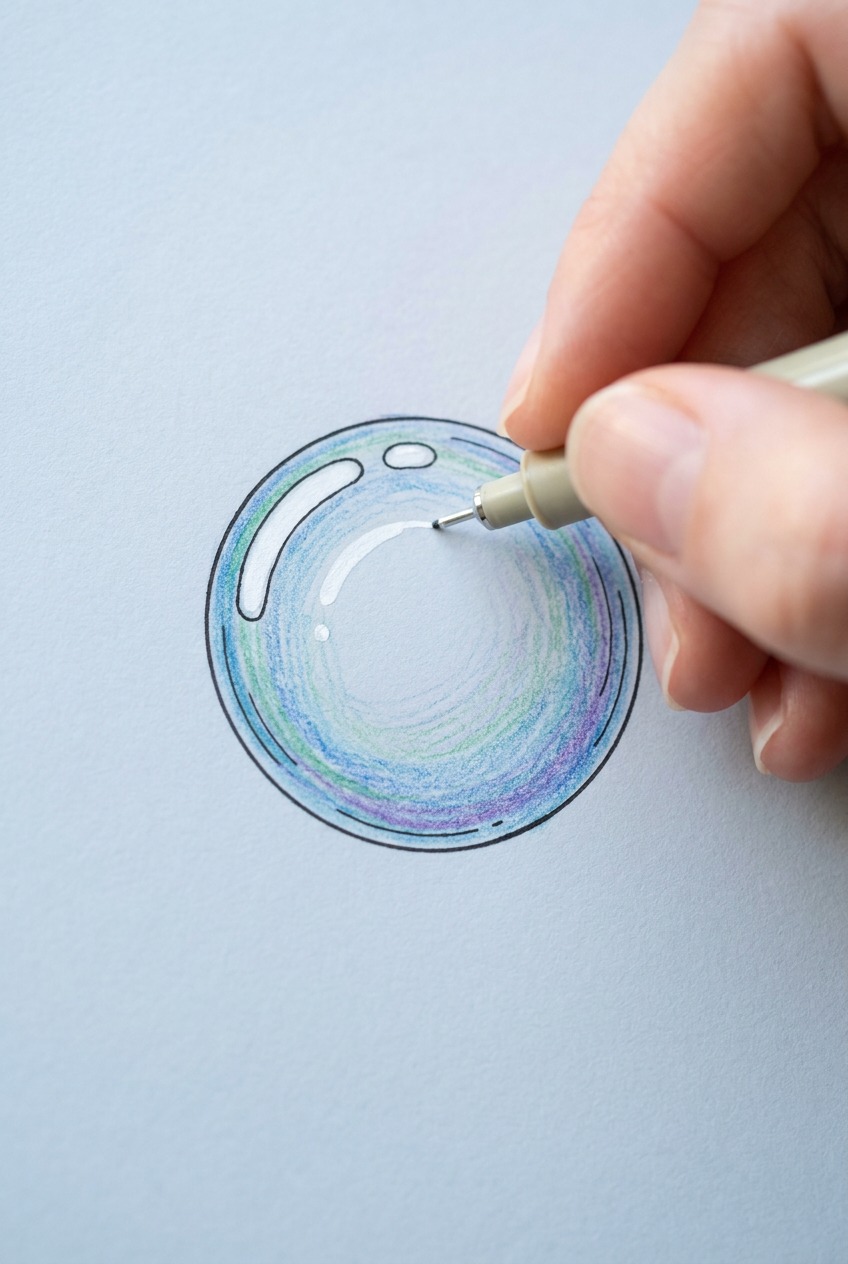 Artist's hand adding a crisp secondary highlight to a nearly finished bubble illustration with a fine-liner pen.