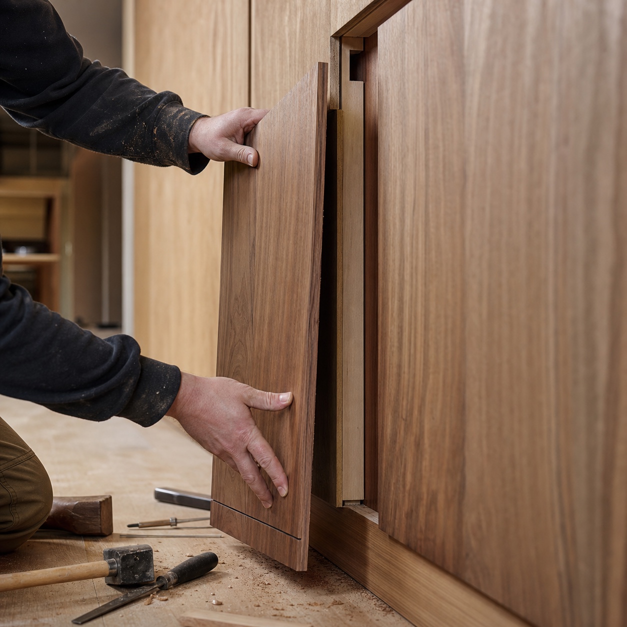 Finish carpenter fitting a millwork panel Finish carpenter carefully fitting a millwork panel into a wall reveal in natural site light. | Sky Rye Design Finish carpenter carefully fitting a millwork panel into a wall reveal in natural site light.
