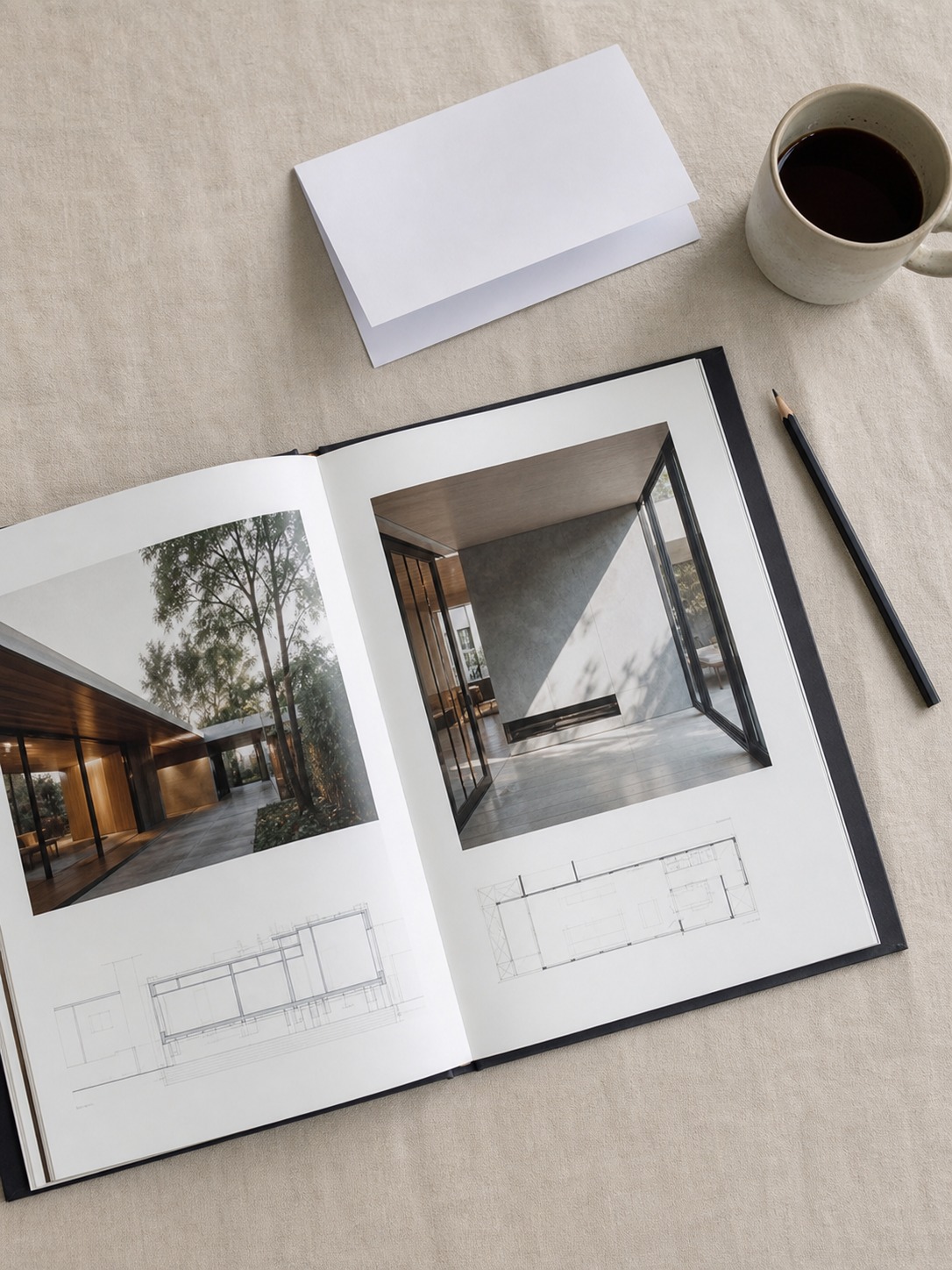 Finished architecture portfolio laid open beside coffee pencil and a blank folded letter