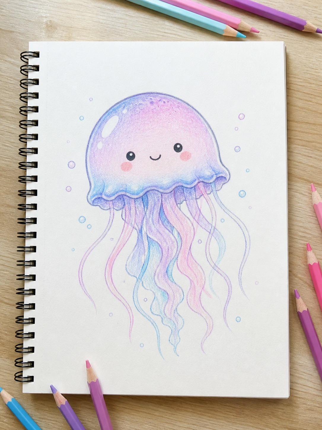 Finished cute kawaii jellyfish drawing Finished cute kawaii jellyfish drawing with dot eyes, blush marks, and pastel color. | Sky Rye Design Finished cute kawaii jellyfish drawing with dot eyes, blush marks, and pastel color.