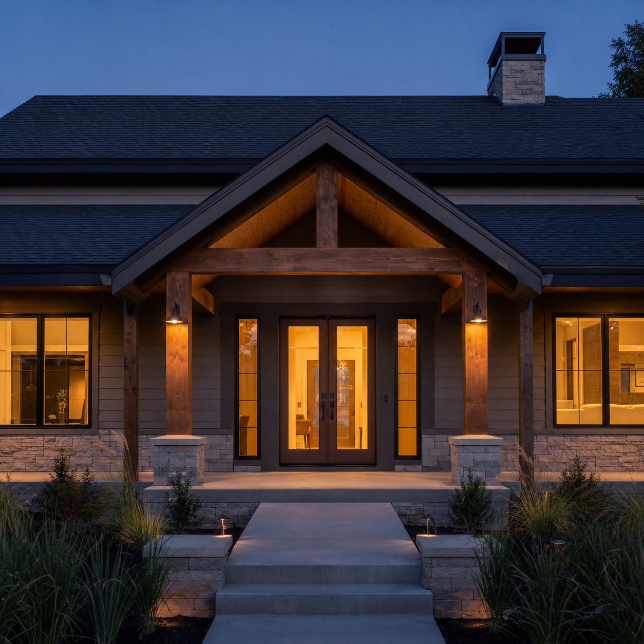 Finished front entry door at dusk Finished front entry with warm interior light glowing through sidelights against a soft dusk facade. | Sky Rye Design Finished front entry with warm interior light glowing through sidelights against a soft dusk facade.