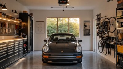 Tidy garage workshop with a centered car and warm evening light.